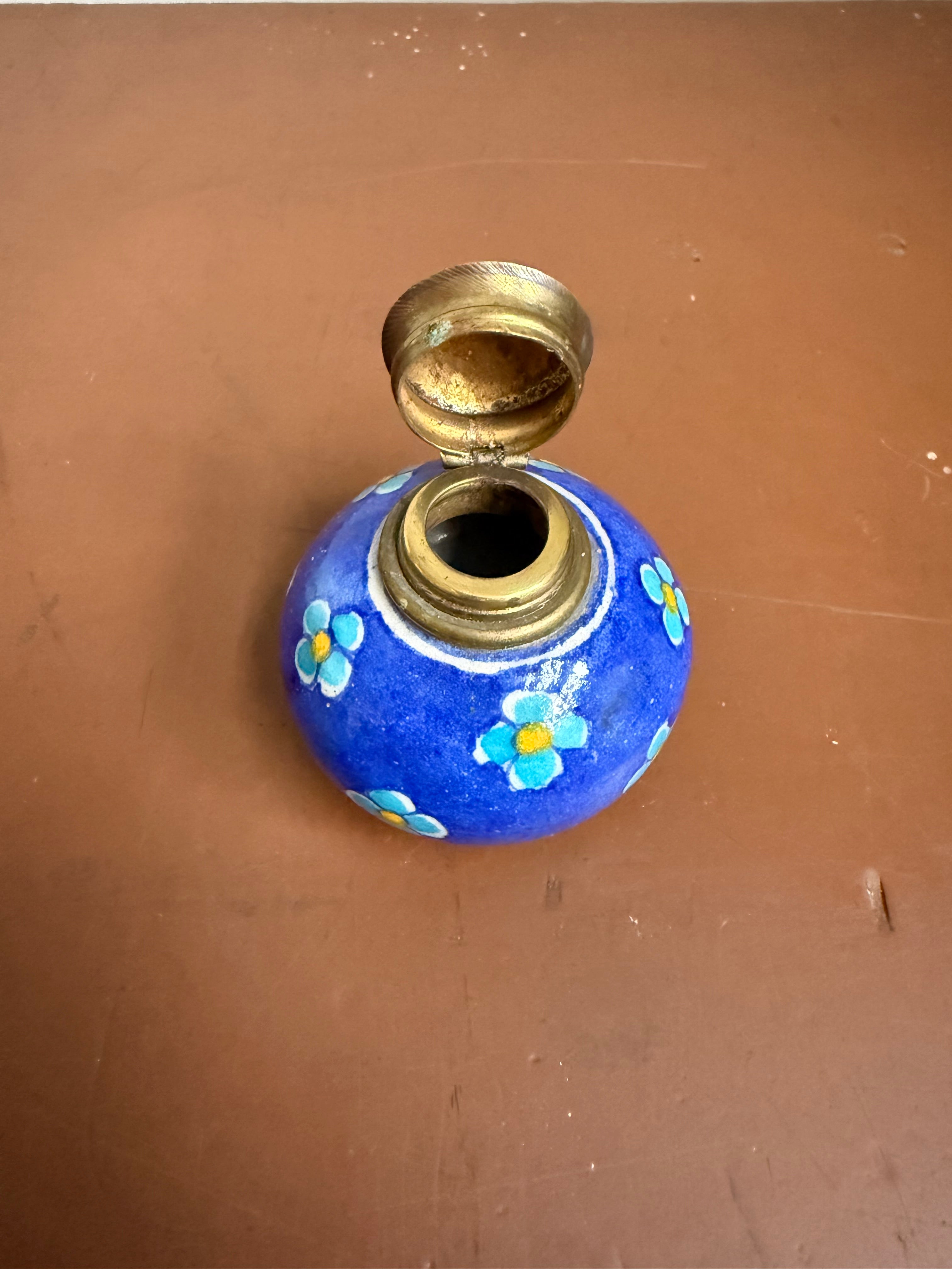 Vintage Hand Painted Ceramic & Brass Top Inkwell
