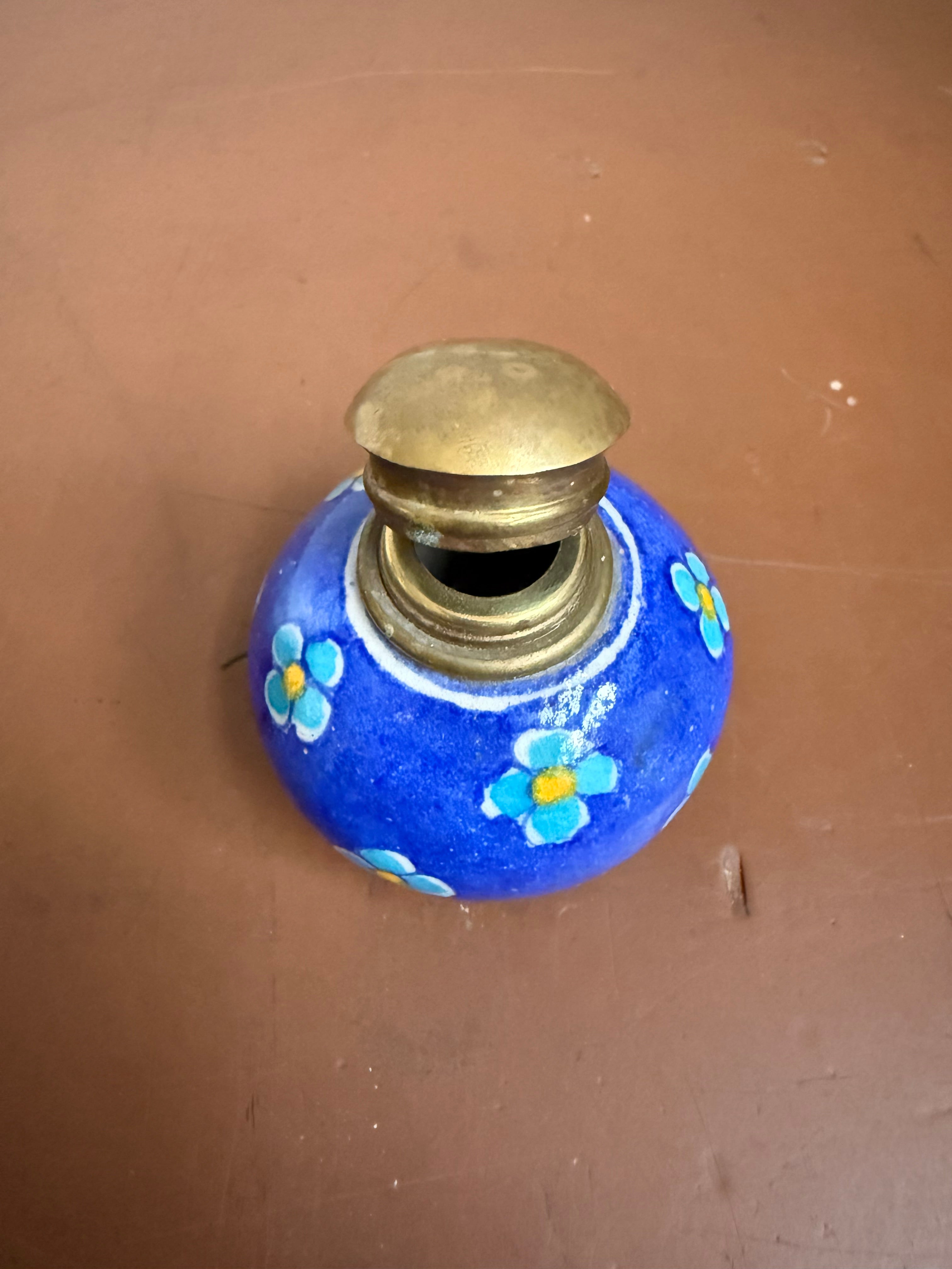 Vintage Hand Painted Ceramic & Brass Top Inkwell