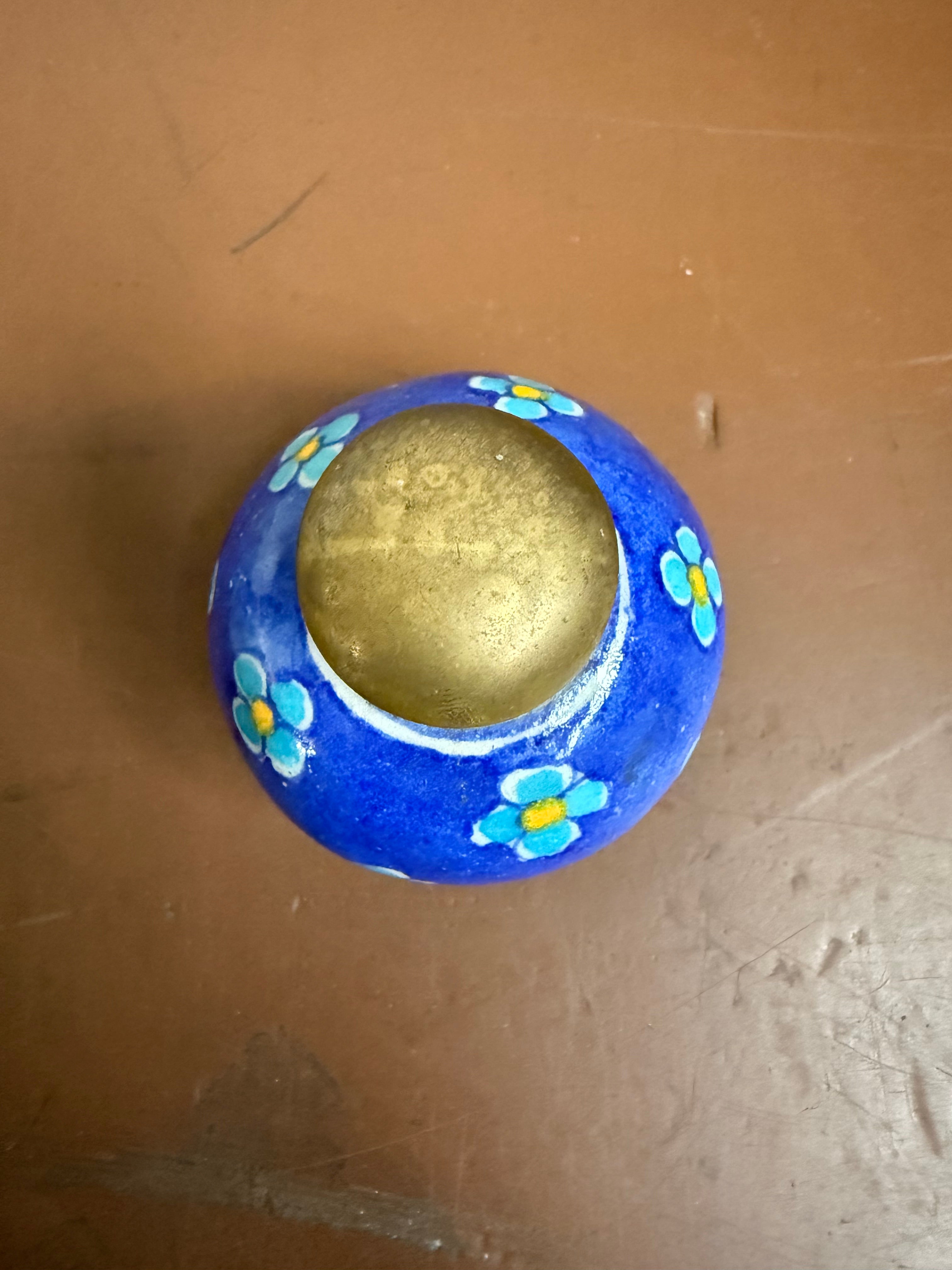 Vintage Hand Painted Ceramic & Brass Top Inkwell