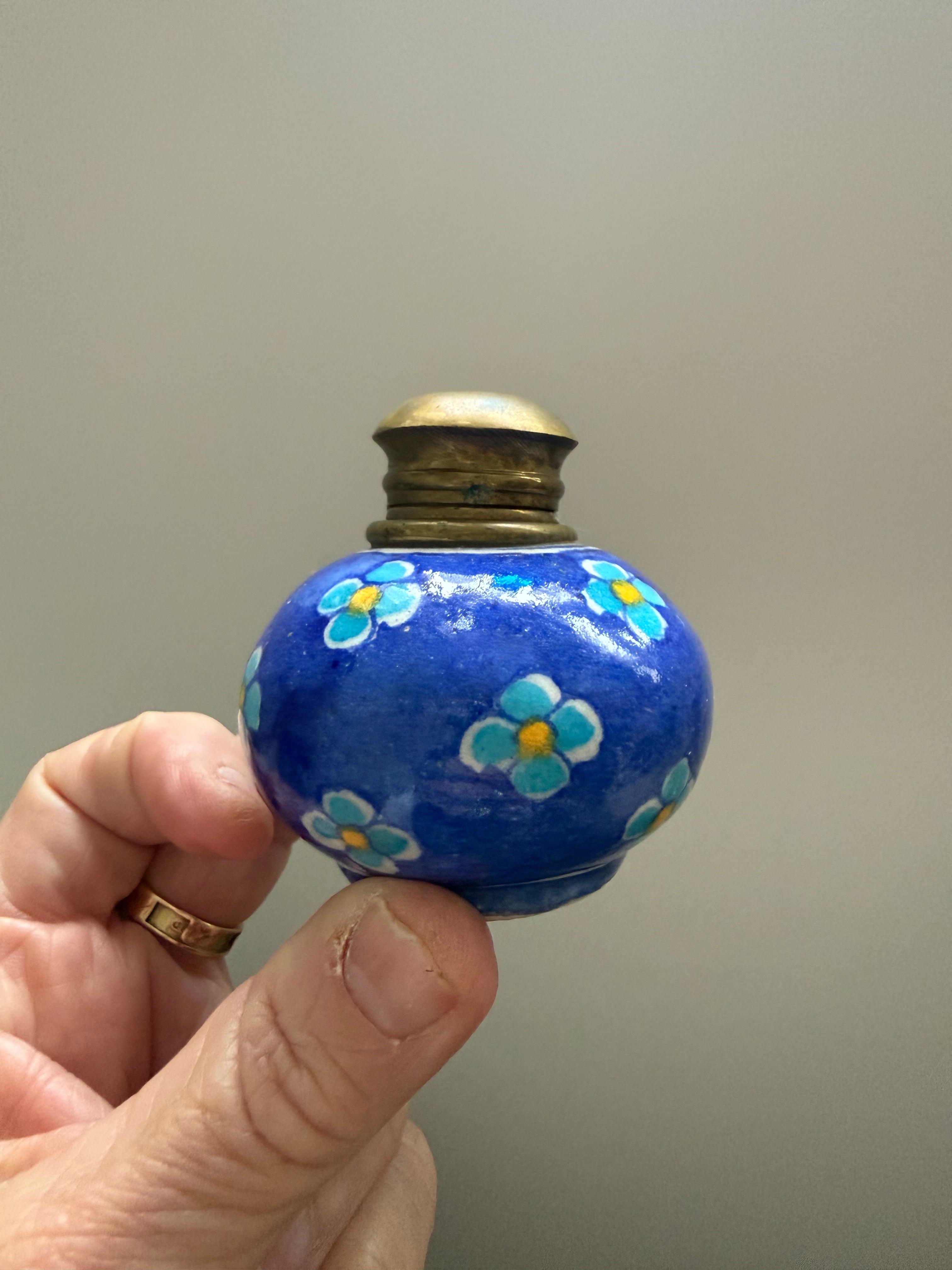 Vintage Hand Painted Ceramic & Brass Top Inkwell
