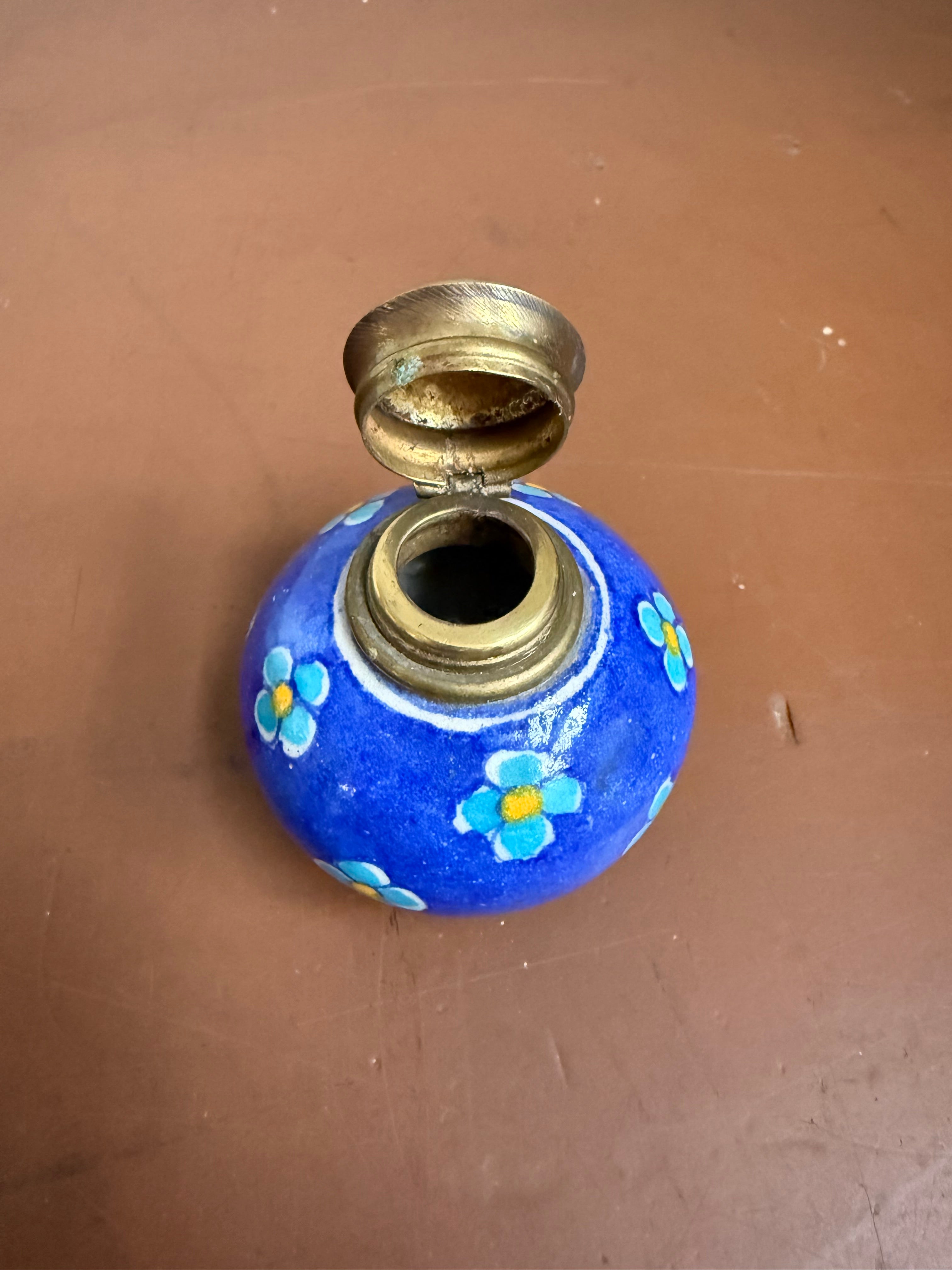 Vintage Hand Painted Ceramic & Brass Top Inkwell