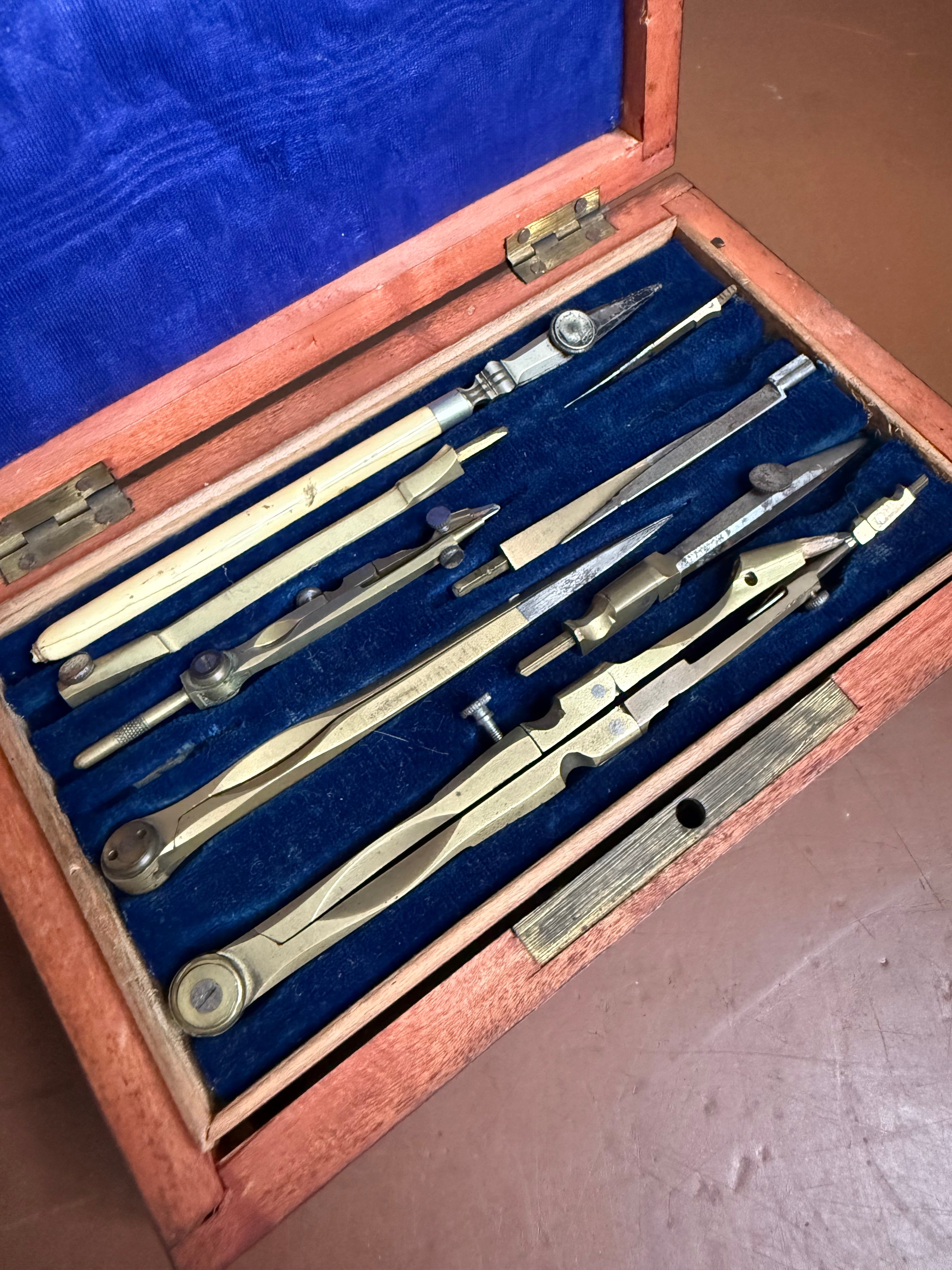 Antique Compass Set In Original Rosewood Box