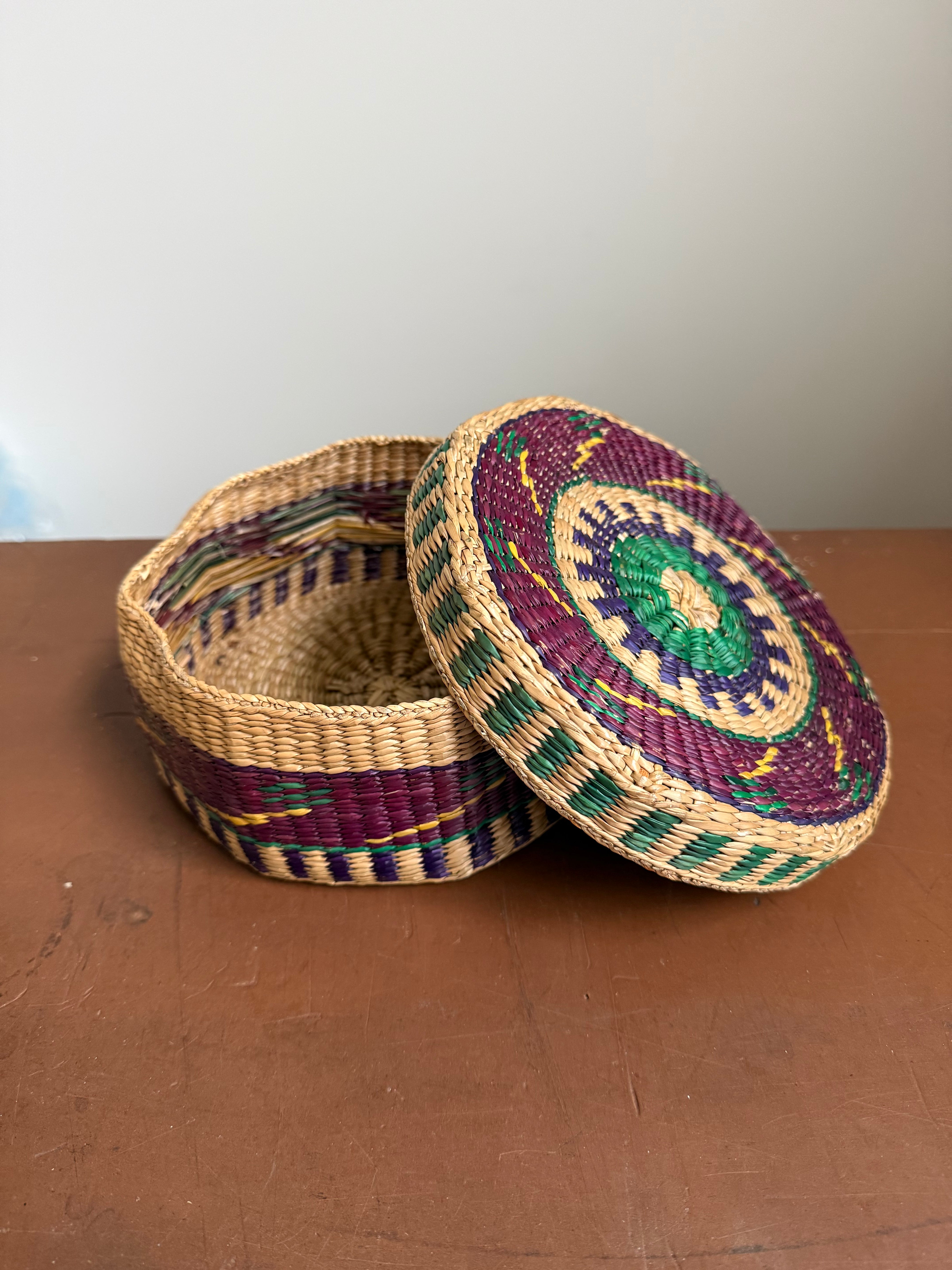 Vintage Hand Woven & Dyed Sewing Basket