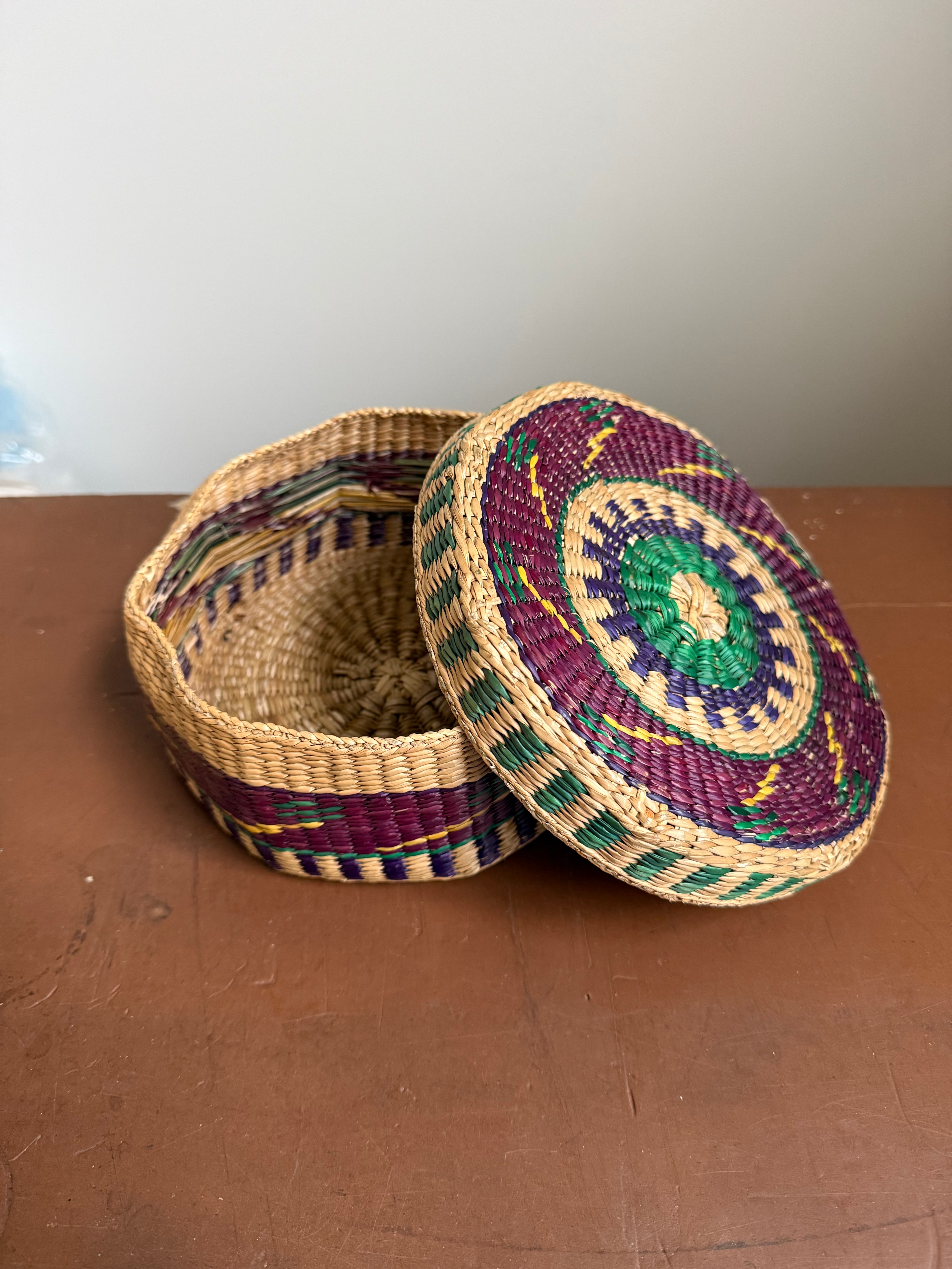 Vintage Hand Woven & Dyed Sewing Basket