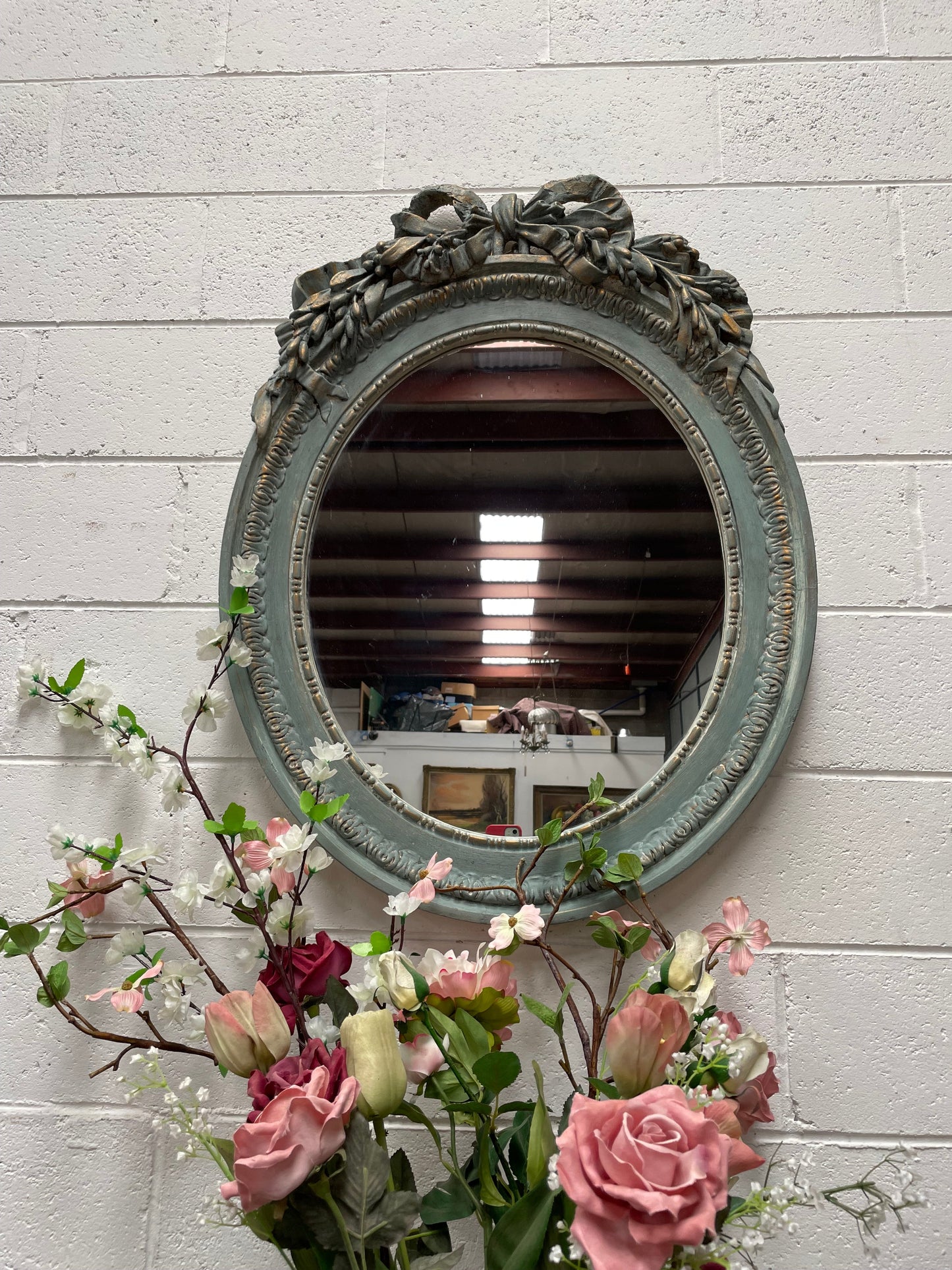 Chalk Painted Decoratively Carved Oval Mirror