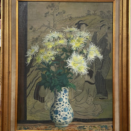 Fabulous Framed Floral Oil Painting of Chrysanthemums In a Vase