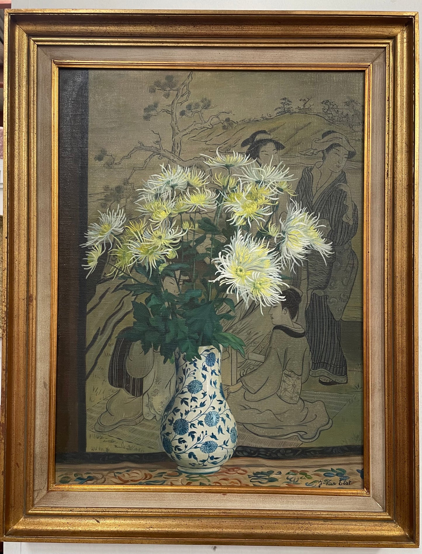 Fabulous Framed Floral Oil Painting of Chrysanthemums In a Vase