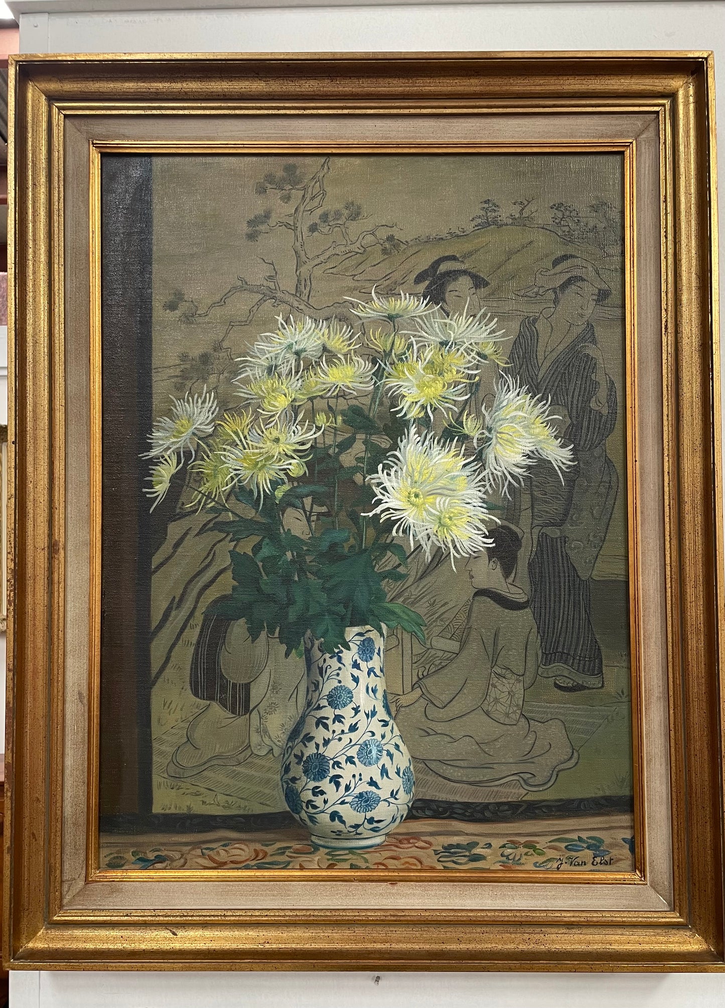 Fabulous Framed Floral Oil Painting of Chrysanthemums In a Vase