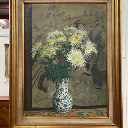 Fabulous Framed Floral Oil Painting of Chrysanthemums In a Vase