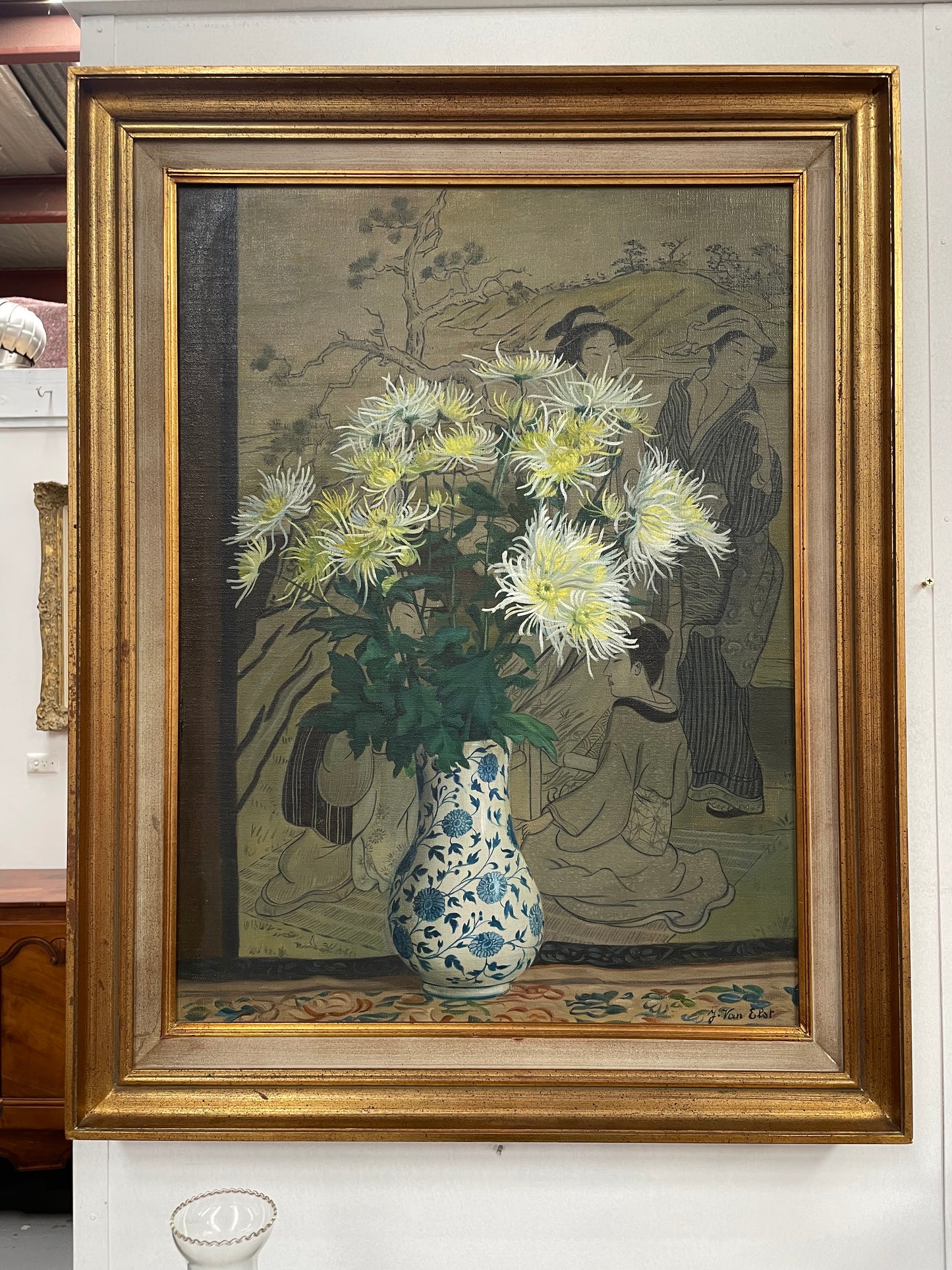 Fabulous Framed Floral Oil Painting of Chrysanthemums In a Vase