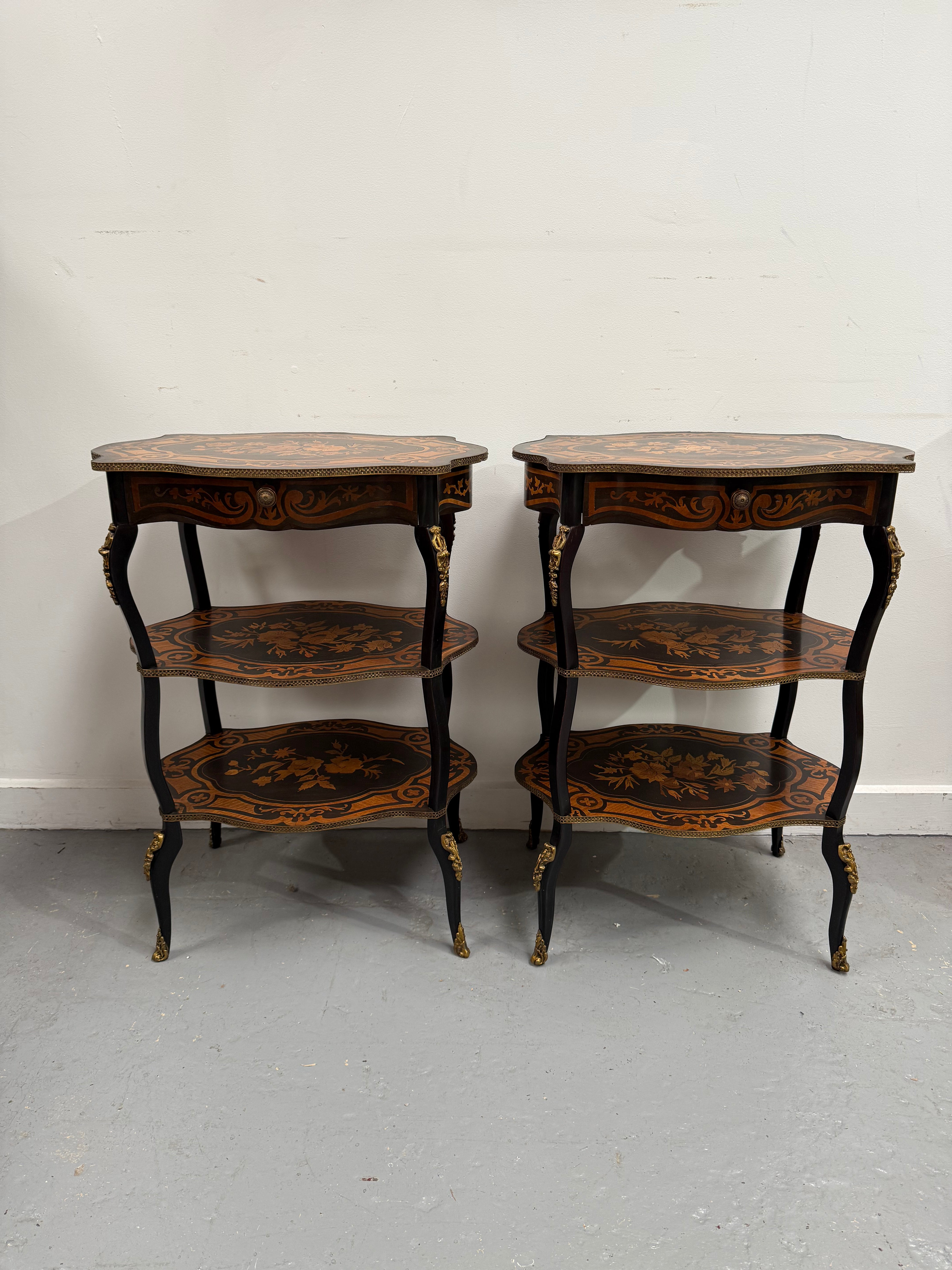 Pair of Late 19th Century Ebonised & Marquetry Three Tier Etageres | Antique & Vintage | Moonee Ponds Antiques | Australia Wide Delivery