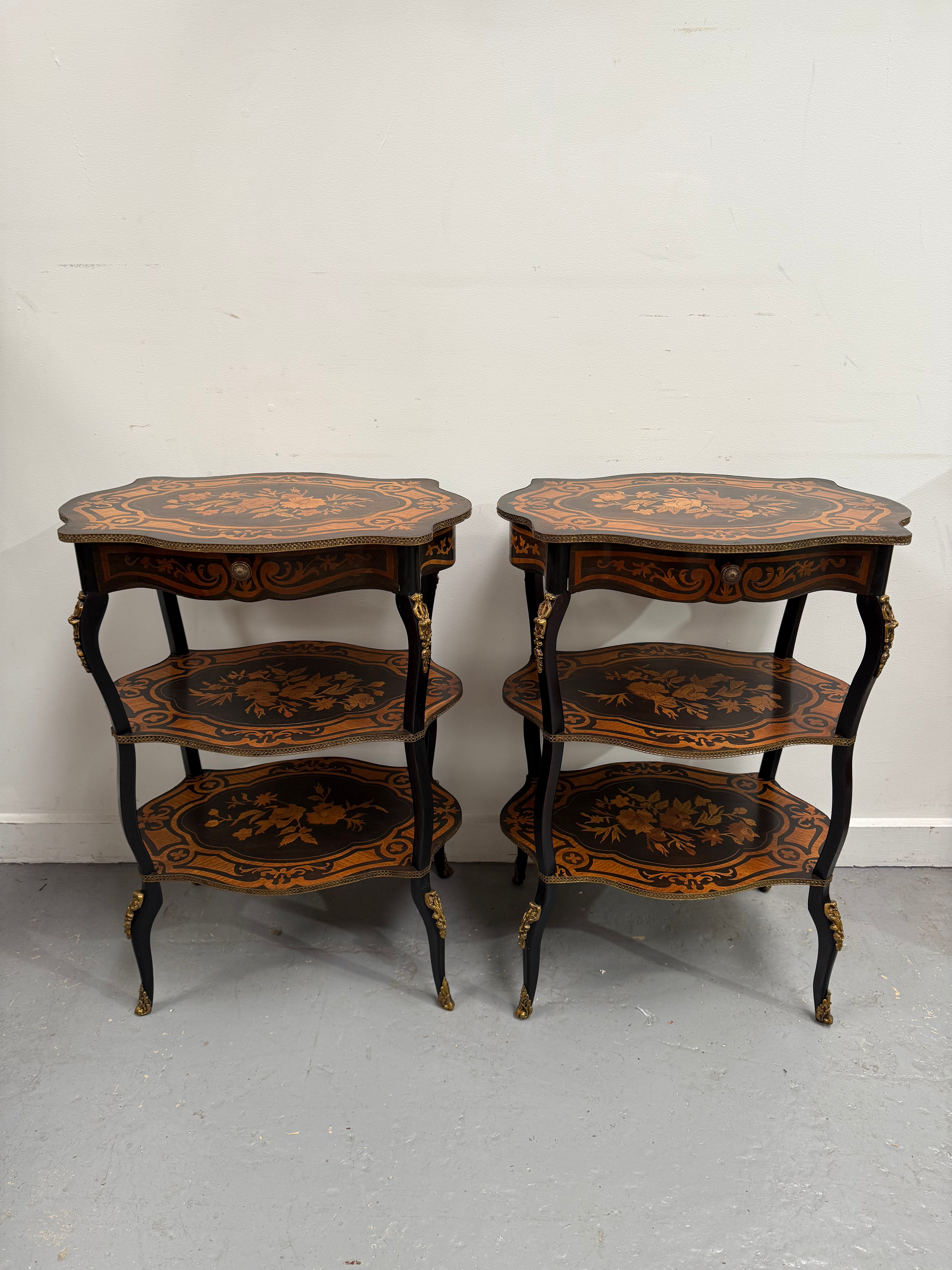 Pair of Late 19th Century Ebonised & Marquetry Three Tier Etageres