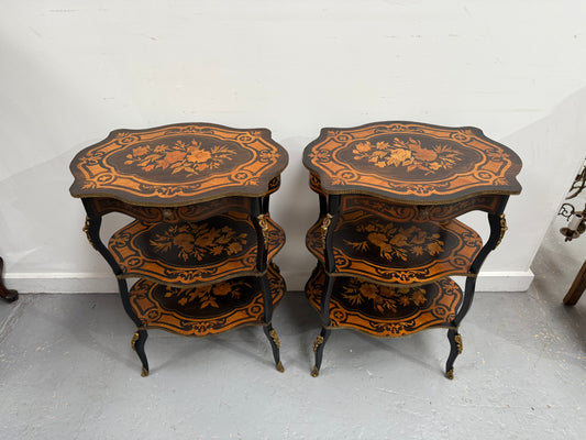 Pair of Late 19th Century Ebonised & Marquetry Three Tier Etageres