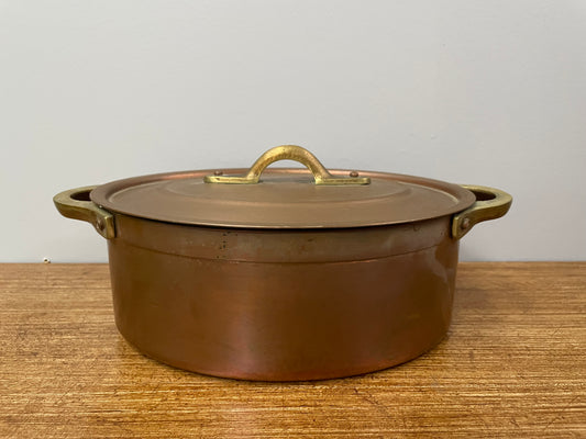 Antique Medium Brass Handled & Copper Tin Lined Pot