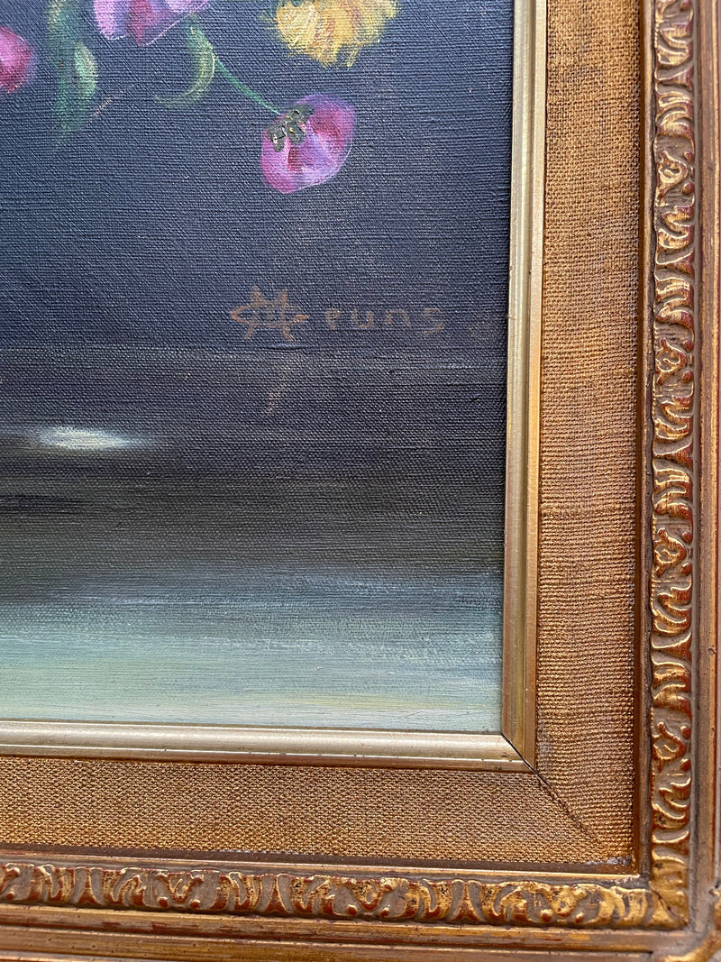 Very pretty oil on canvas painting of flowers in a vase in the most beautiful colours. Signed by the artist and framed in a ornate gilt frame. Ready to hang. Sourced directly from France and in good original condition. 