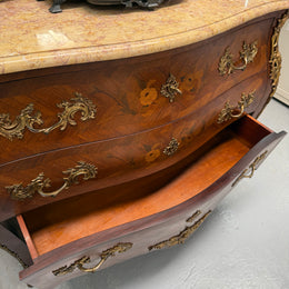 French Mid 20th Cent. Three Drawer Commode Marquetry Inlay.