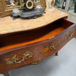 French Mid 20th Cent. Three Drawer Commode Marquetry Inlay.