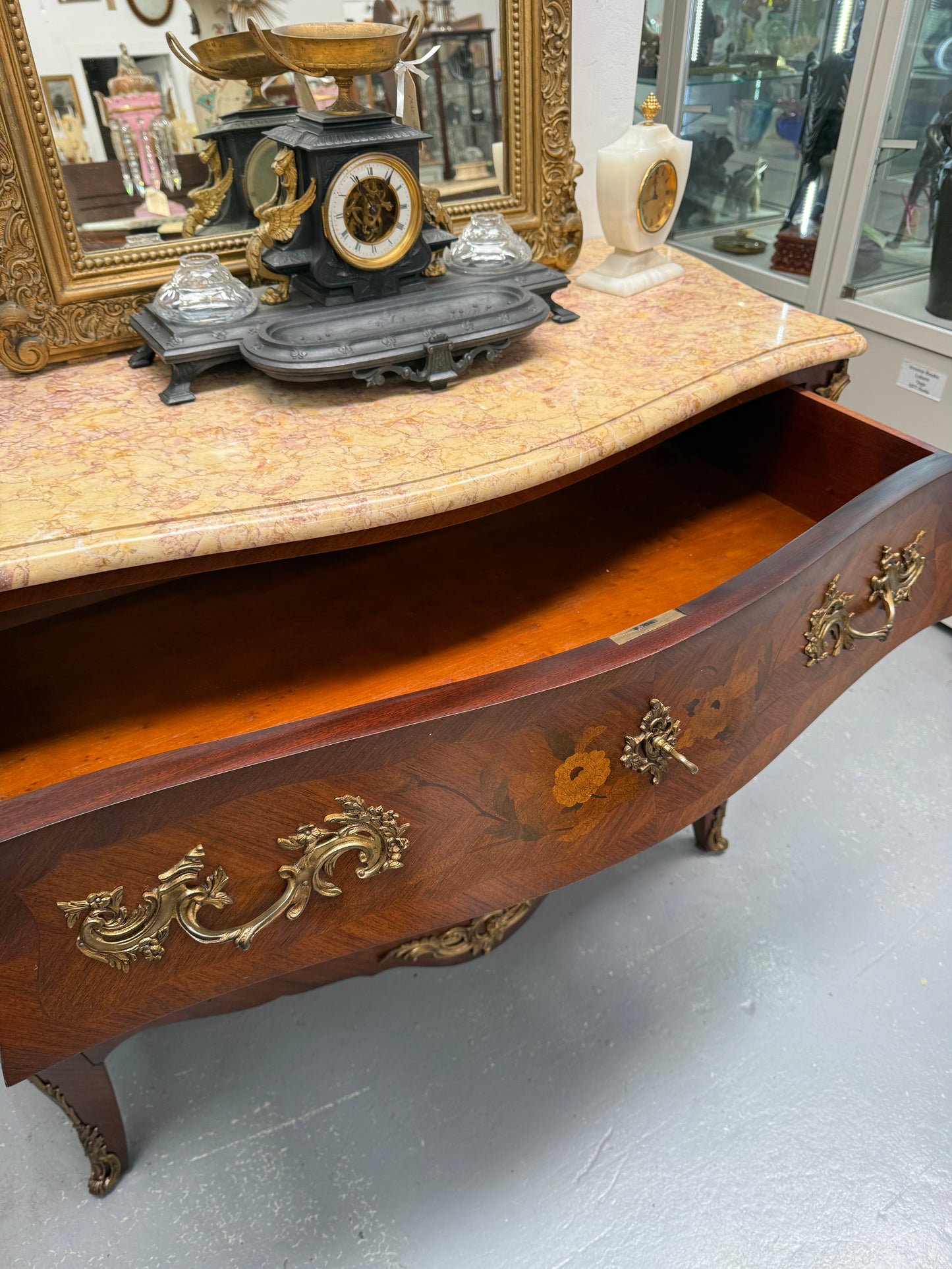 French Mid 20th Cent. Three Drawer Commode Marquetry Inlay.