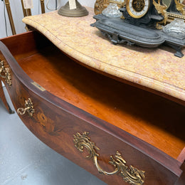 French Mid 20th Cent. Three Drawer Commode Marquetry Inlay.
