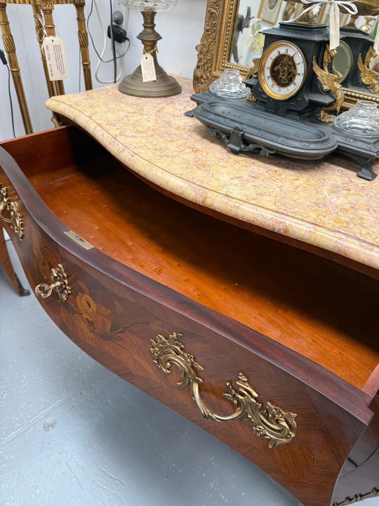 French Mid 20th Cent. Three Drawer Commode Marquetry Inlay.