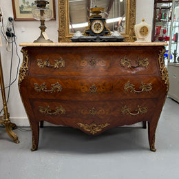 French Mid 20th Cent. Three Drawer Commode Marquetry Inlay.