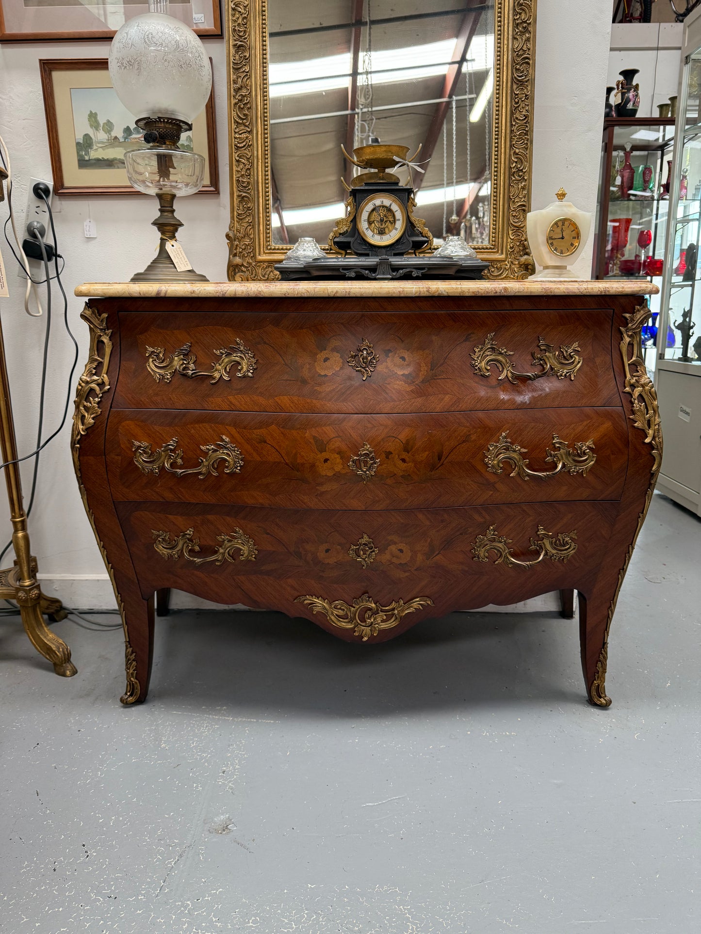 French Mid 20th Cent. Three Drawer Commode Marquetry Inlay.