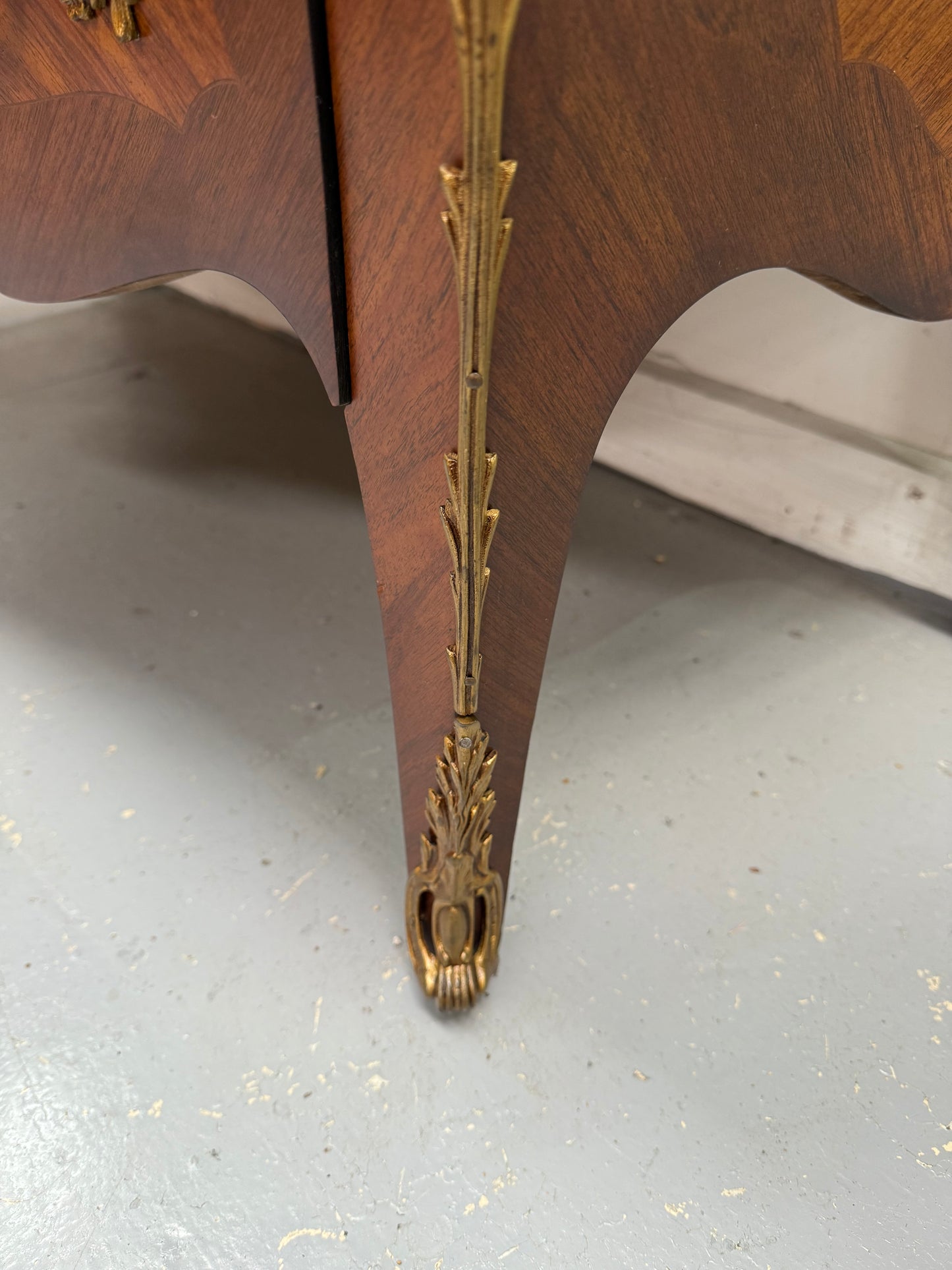 French Mid 20th Cent. Three Drawer Commode Marquetry Inlay.