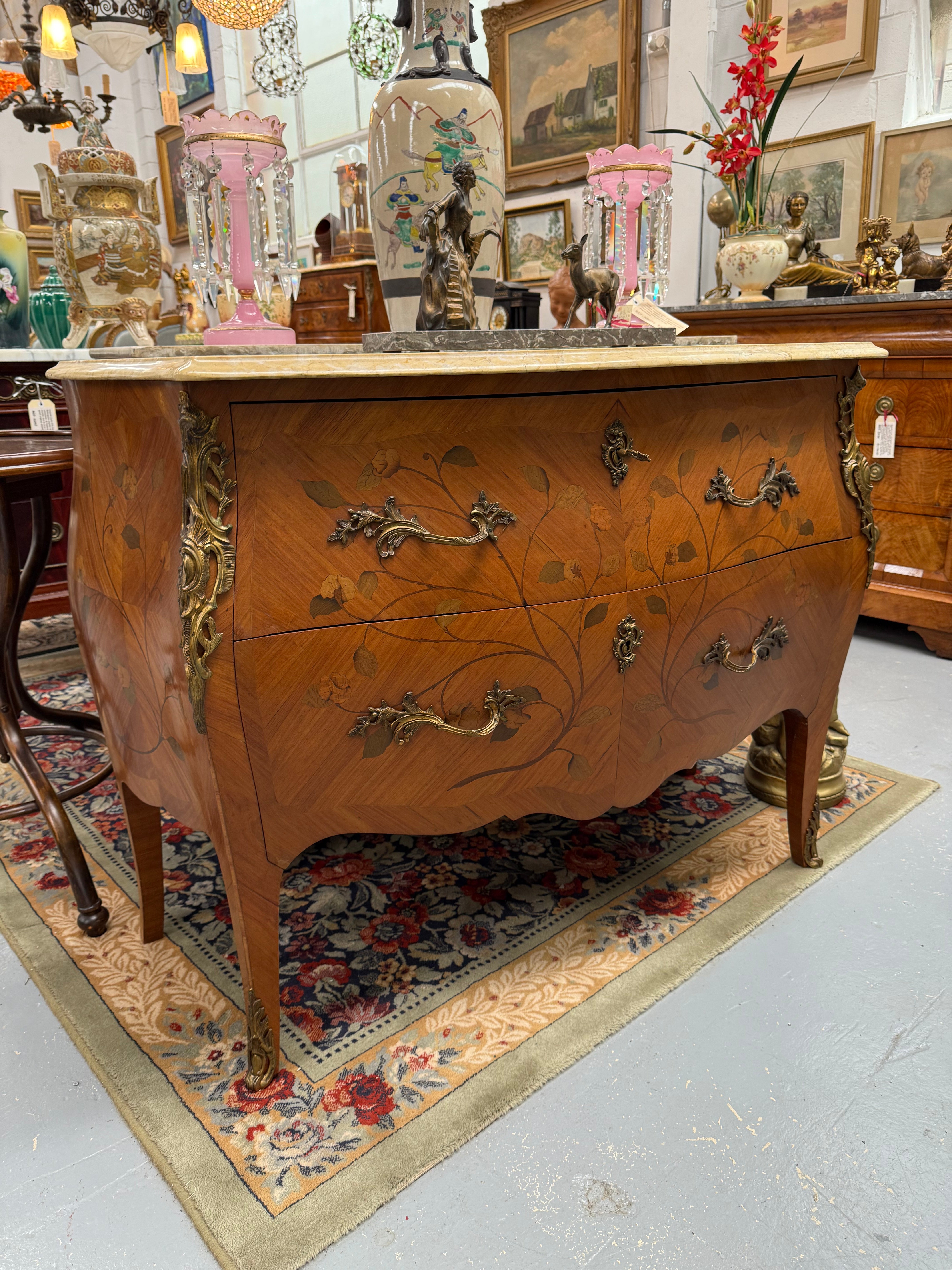 French 2 Drawer Commode With Marquetry Inlay & Marble Top | Antique & Vintage | Moonee Ponds Antiques | Australia Wide Delivery