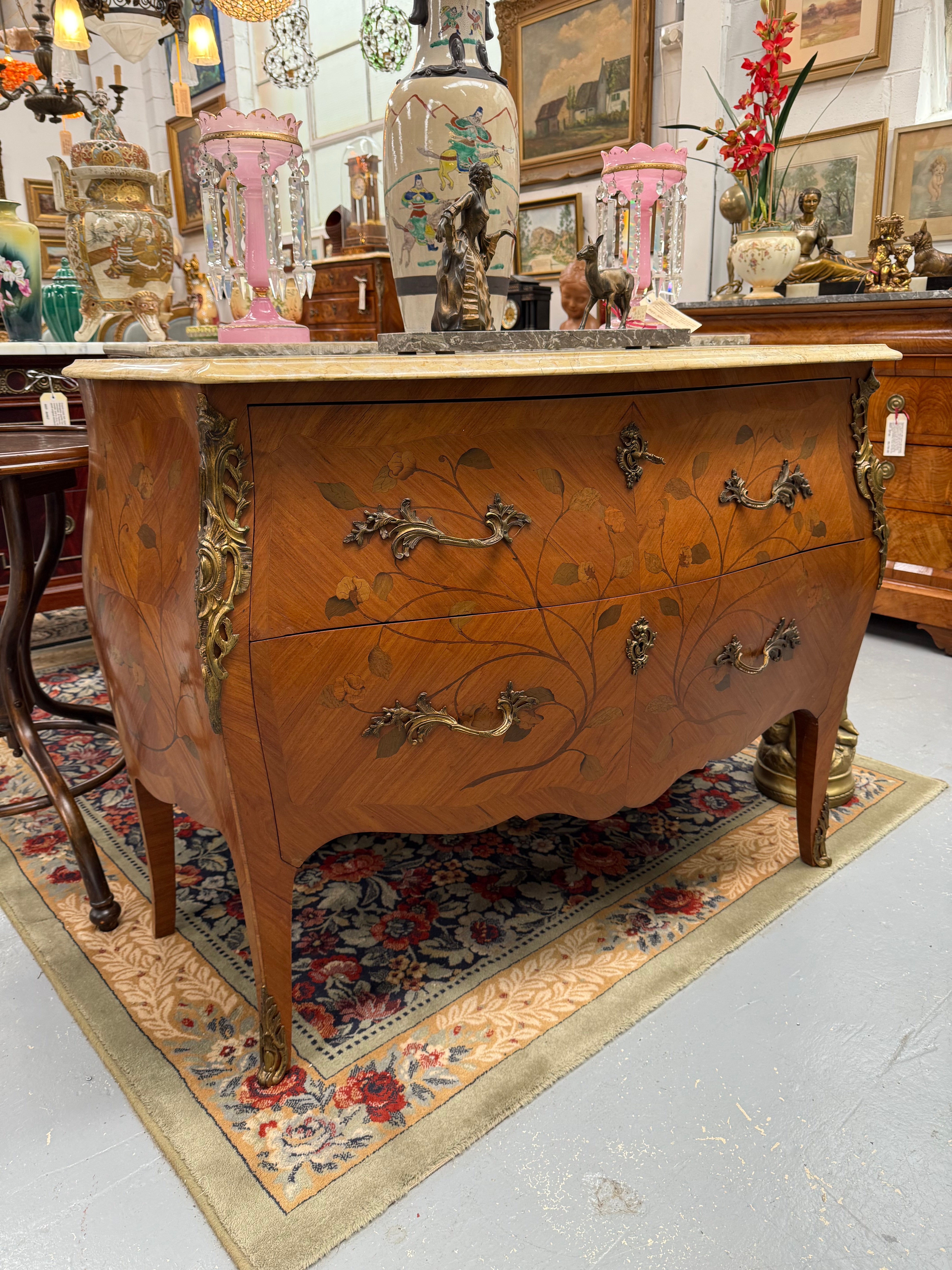 French 2 Drawer Commode With Marquetry Inlay & Marble Top | Antique & Vintage | Moonee Ponds Antiques | Australia Wide Delivery