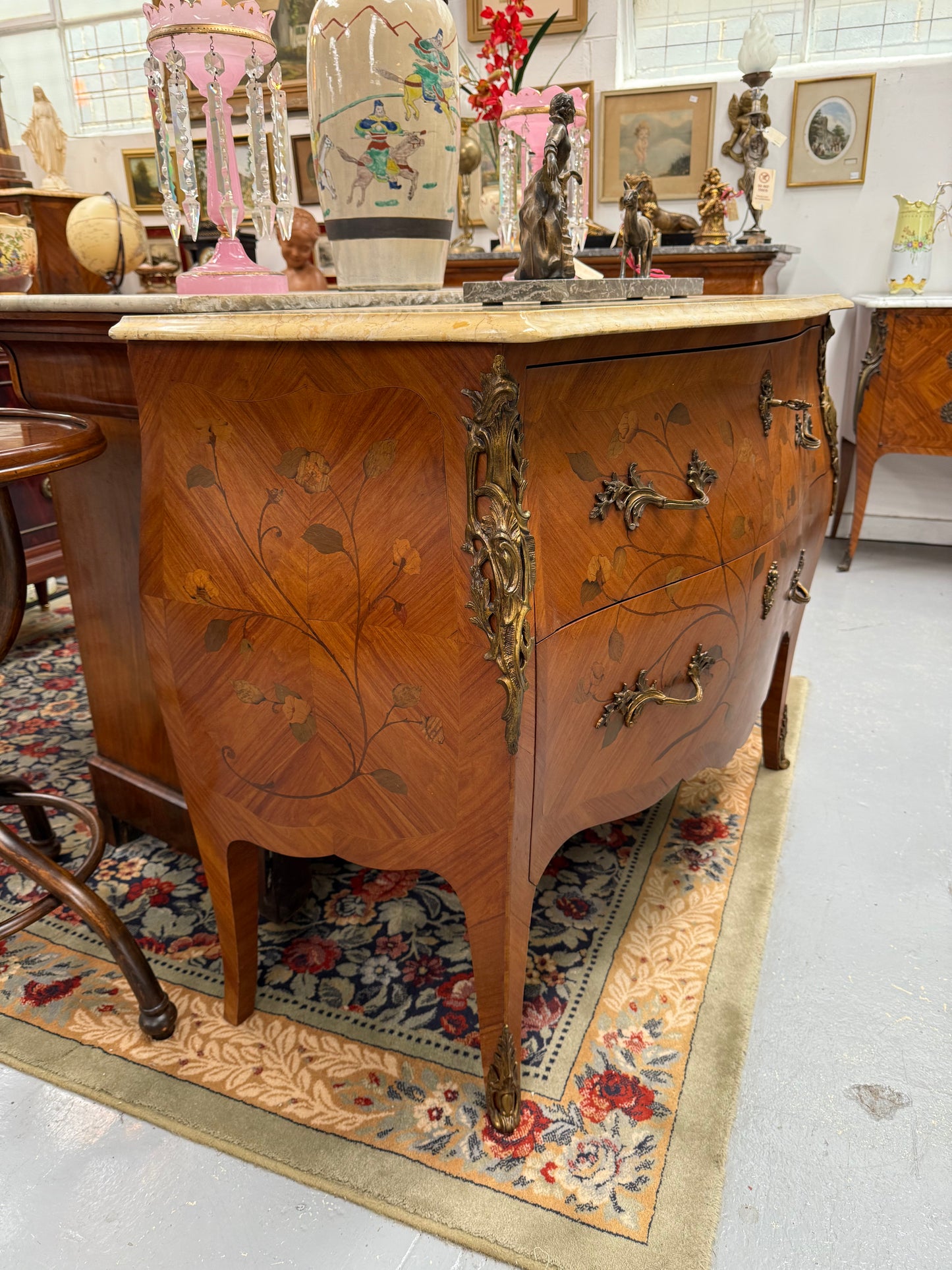 French 2 Drawer Commode With Marquetry Inlay & Marble Top