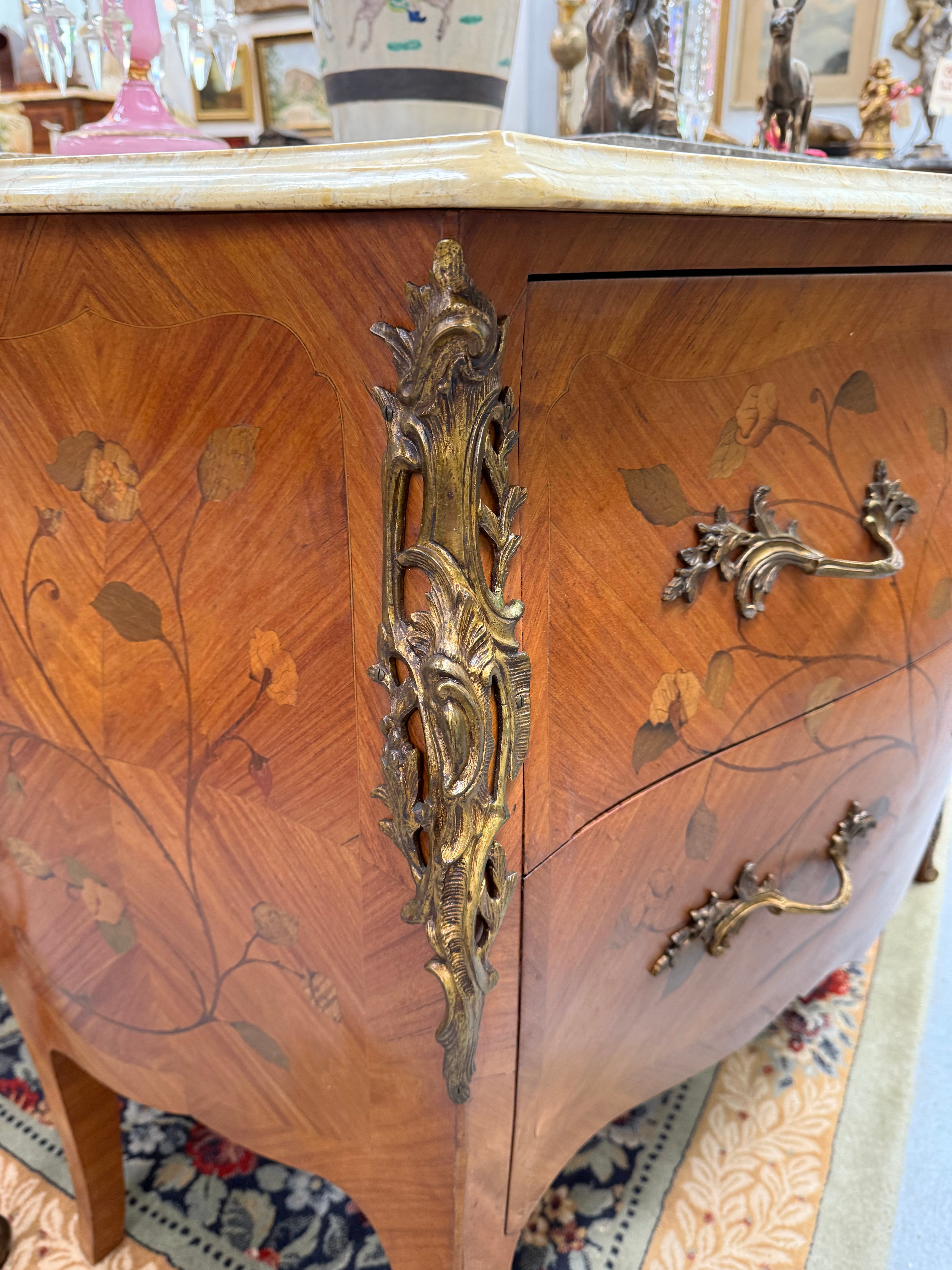 French 2 Drawer Commode With Marquetry Inlay & Marble Top | Antique & Vintage | Moonee Ponds Antiques | Australia Wide Delivery