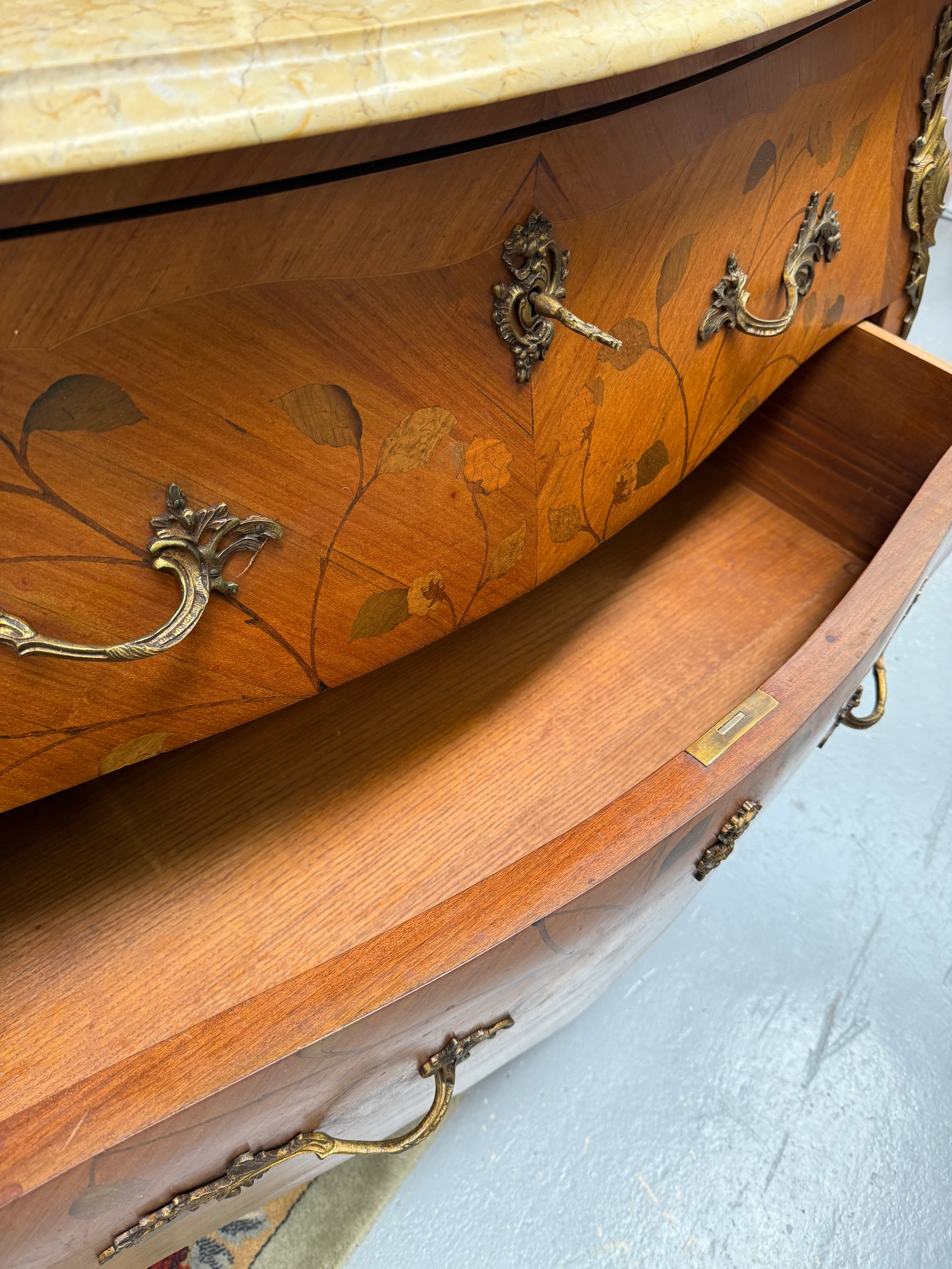 French 2 Drawer Commode With Marquetry Inlay & Marble Top | Antique & Vintage | Moonee Ponds Antiques | Australia Wide Delivery