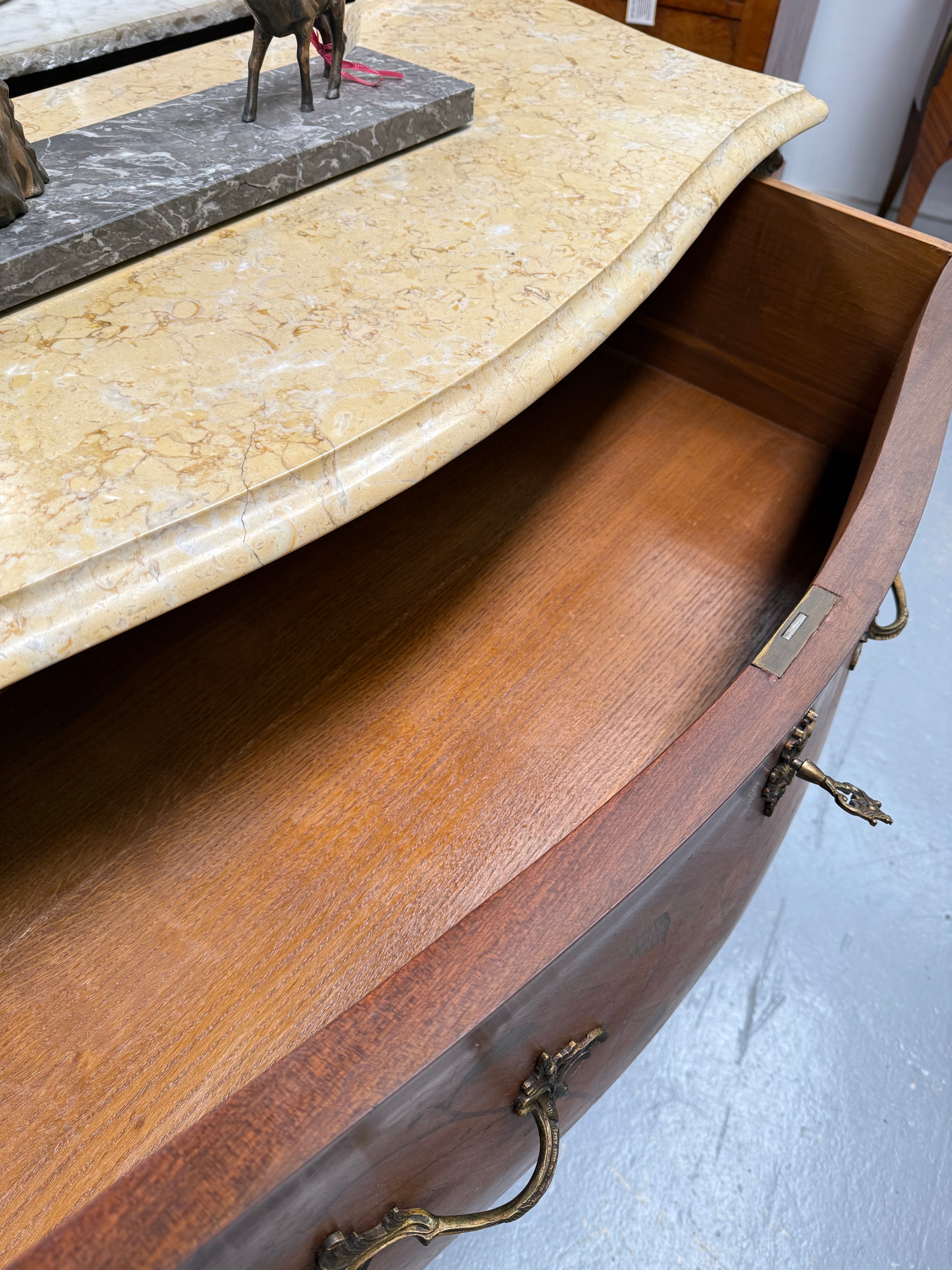 French 2 Drawer Commode With Marquetry Inlay & Marble Top | Antique & Vintage | Moonee Ponds Antiques | Australia Wide Delivery