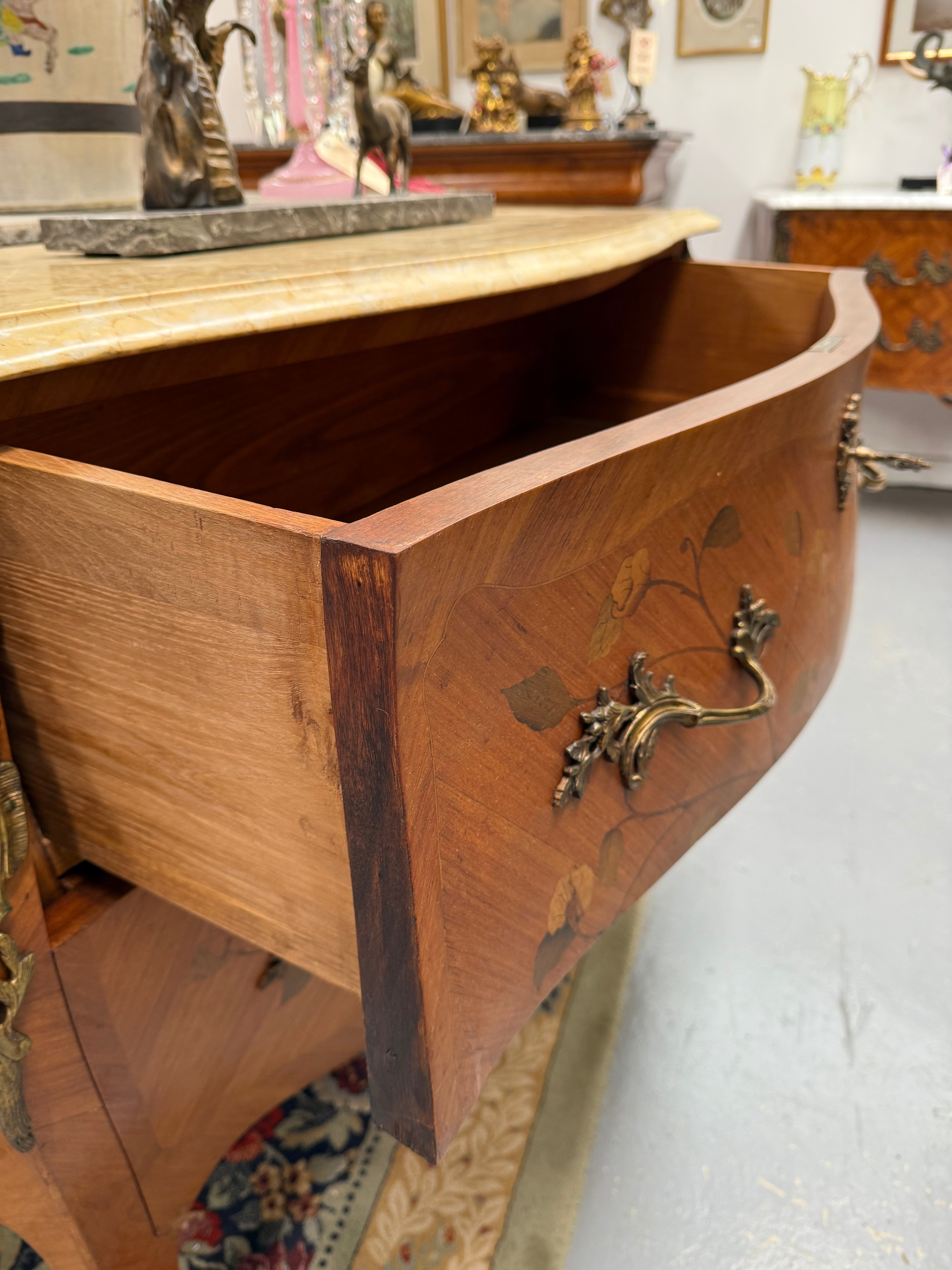 French 2 Drawer Commode With Marquetry Inlay & Marble Top | Antique & Vintage | Moonee Ponds Antiques | Australia Wide Delivery