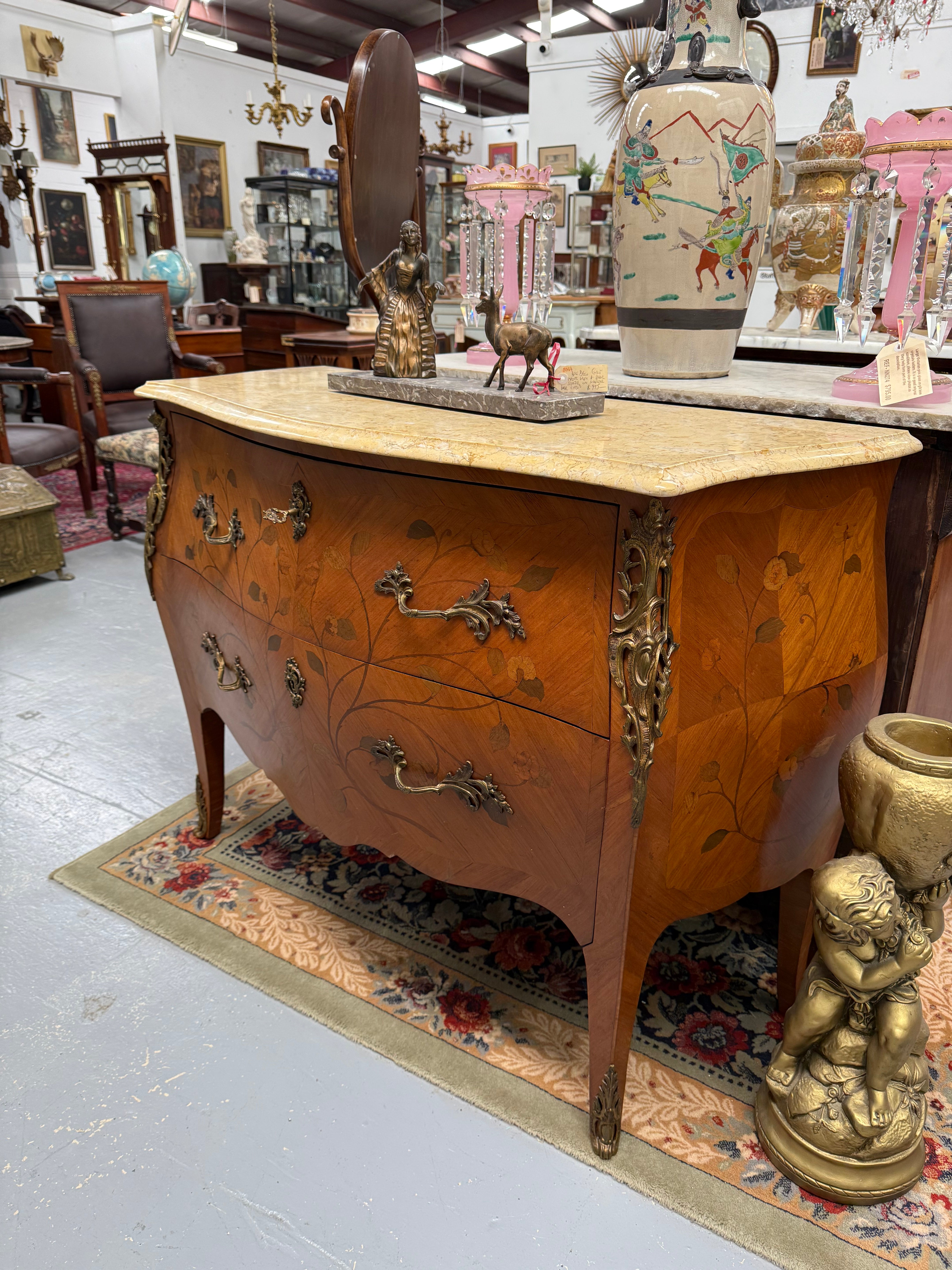 French 2 Drawer Commode With Marquetry Inlay & Marble Top | Antique & Vintage | Moonee Ponds Antiques | Australia Wide Delivery