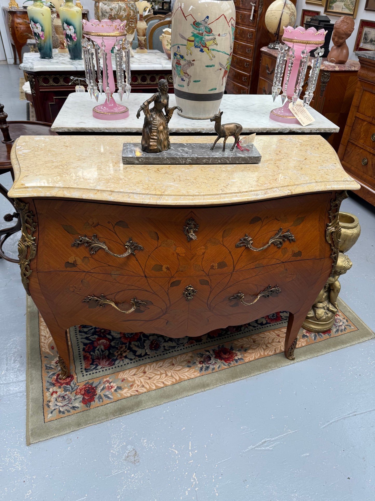 French 2 Drawer Commode With Marquetry Inlay & Marble Top