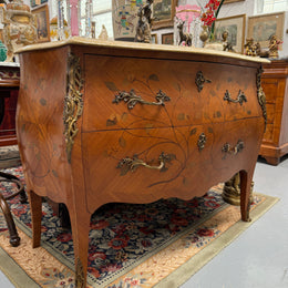 French 2 Drawer Commode With Marquetry Inlay & Marble Top