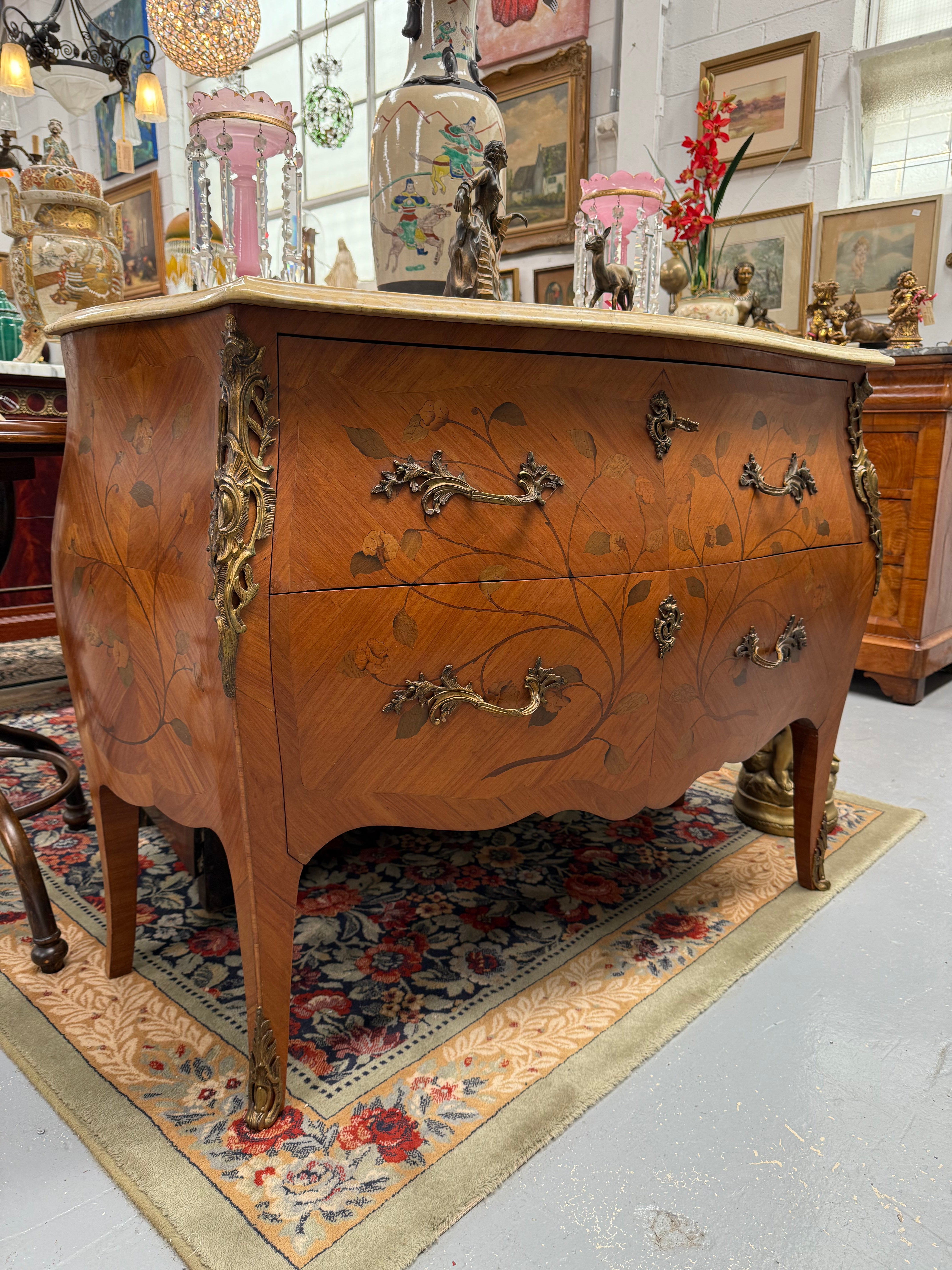 French 2 Drawer Commode With Marquetry Inlay & Marble Top | Antique & Vintage | Moonee Ponds Antiques | Australia Wide Delivery