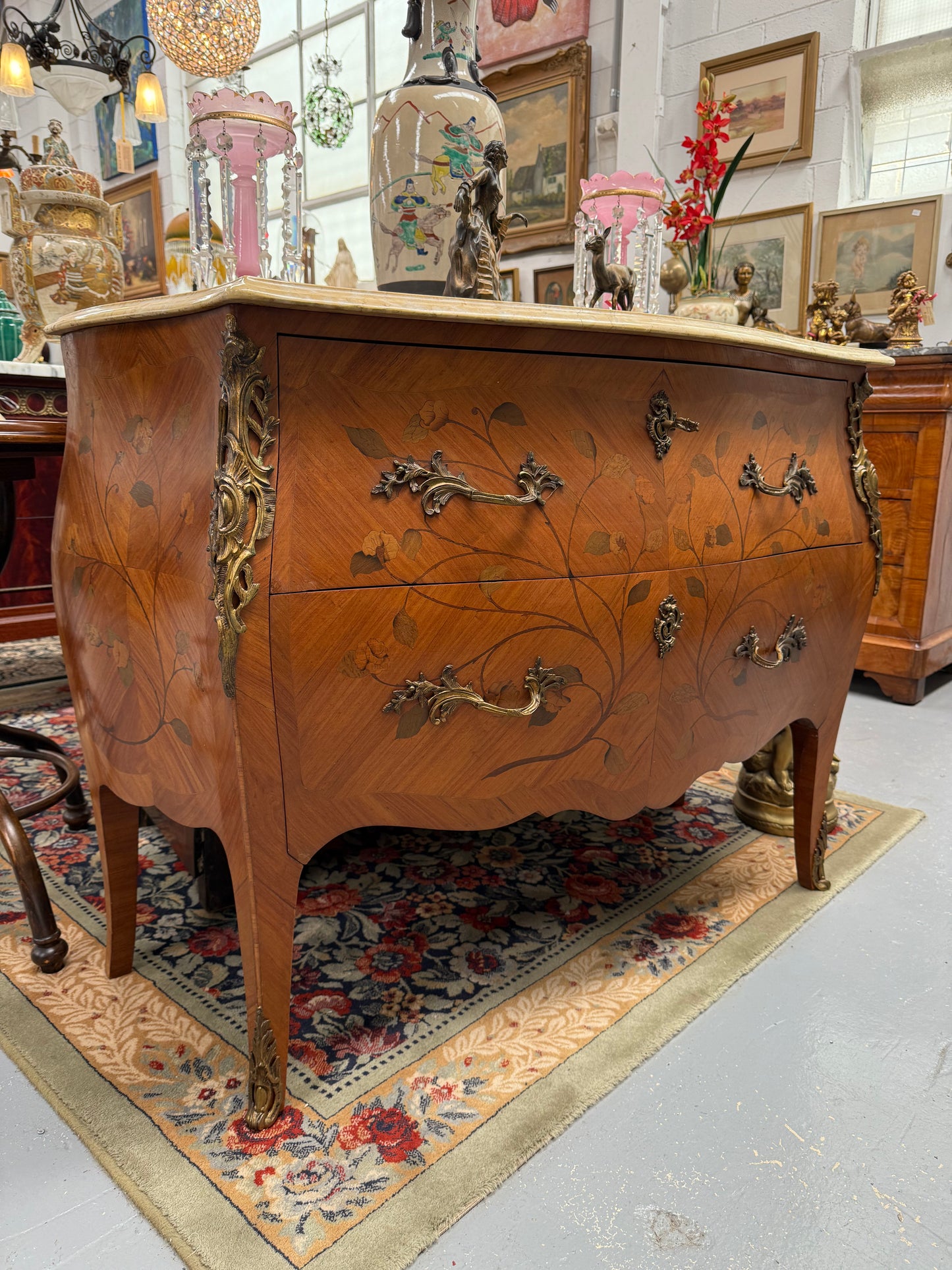 French 2 Drawer Commode With Marquetry Inlay & Marble Top