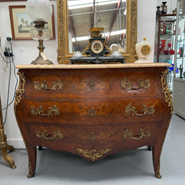 French Mid 20th Cent. Three Drawer Commode Marquetry Inlay.