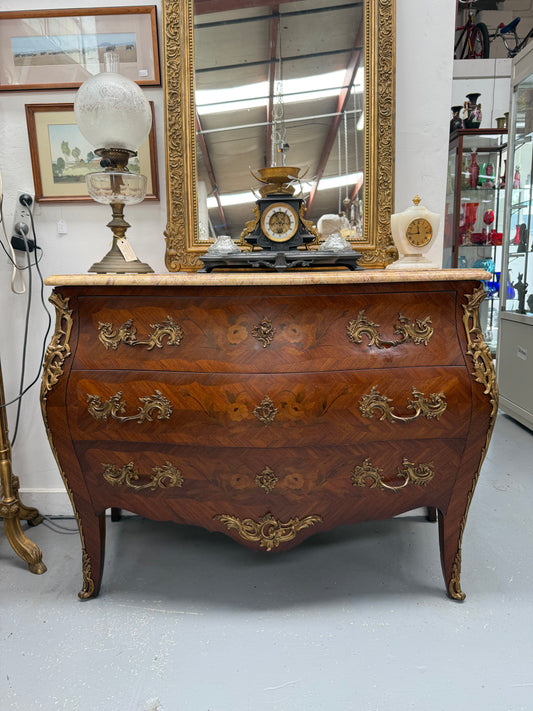French Mid 20th Cent. Three Drawer Commode Marquetry Inlay.