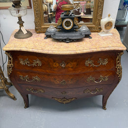French Mid 20th Cent. Three Drawer Commode Marquetry Inlay.