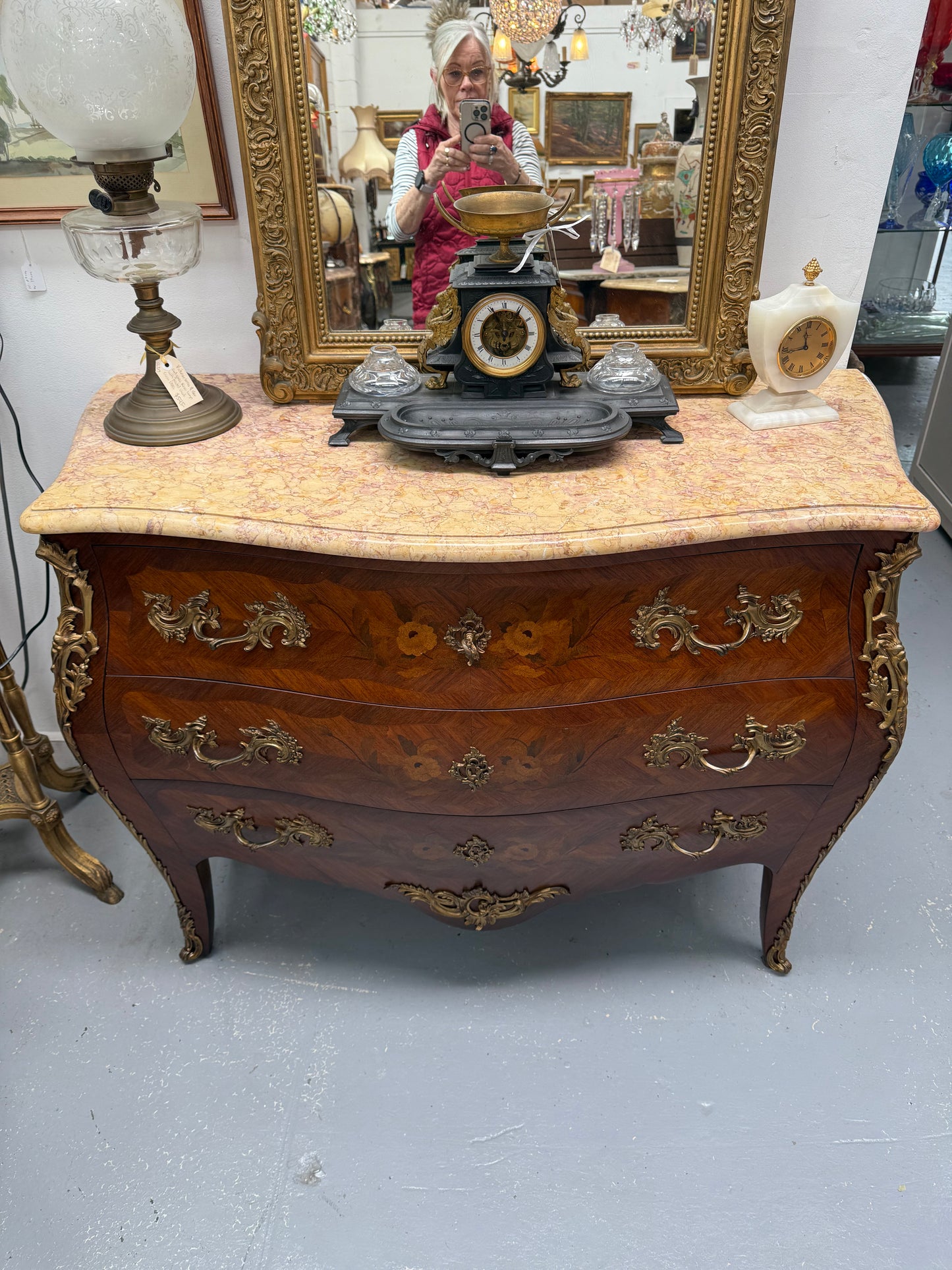 French Mid 20th Cent. Three Drawer Commode Marquetry Inlay.