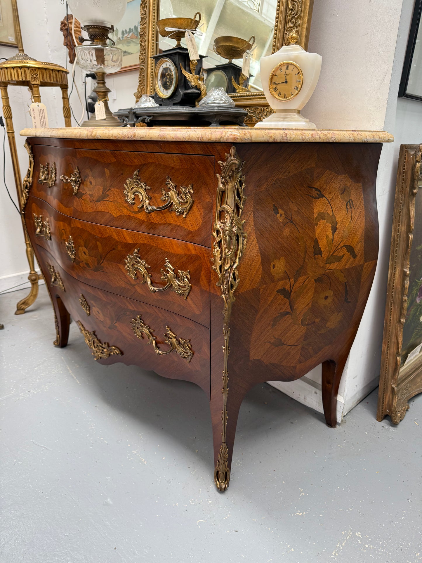 French Mid 20th Cent. Three Drawer Commode Marquetry Inlay.