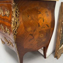 French Mid 20th Cent. Three Drawer Commode Marquetry Inlay.