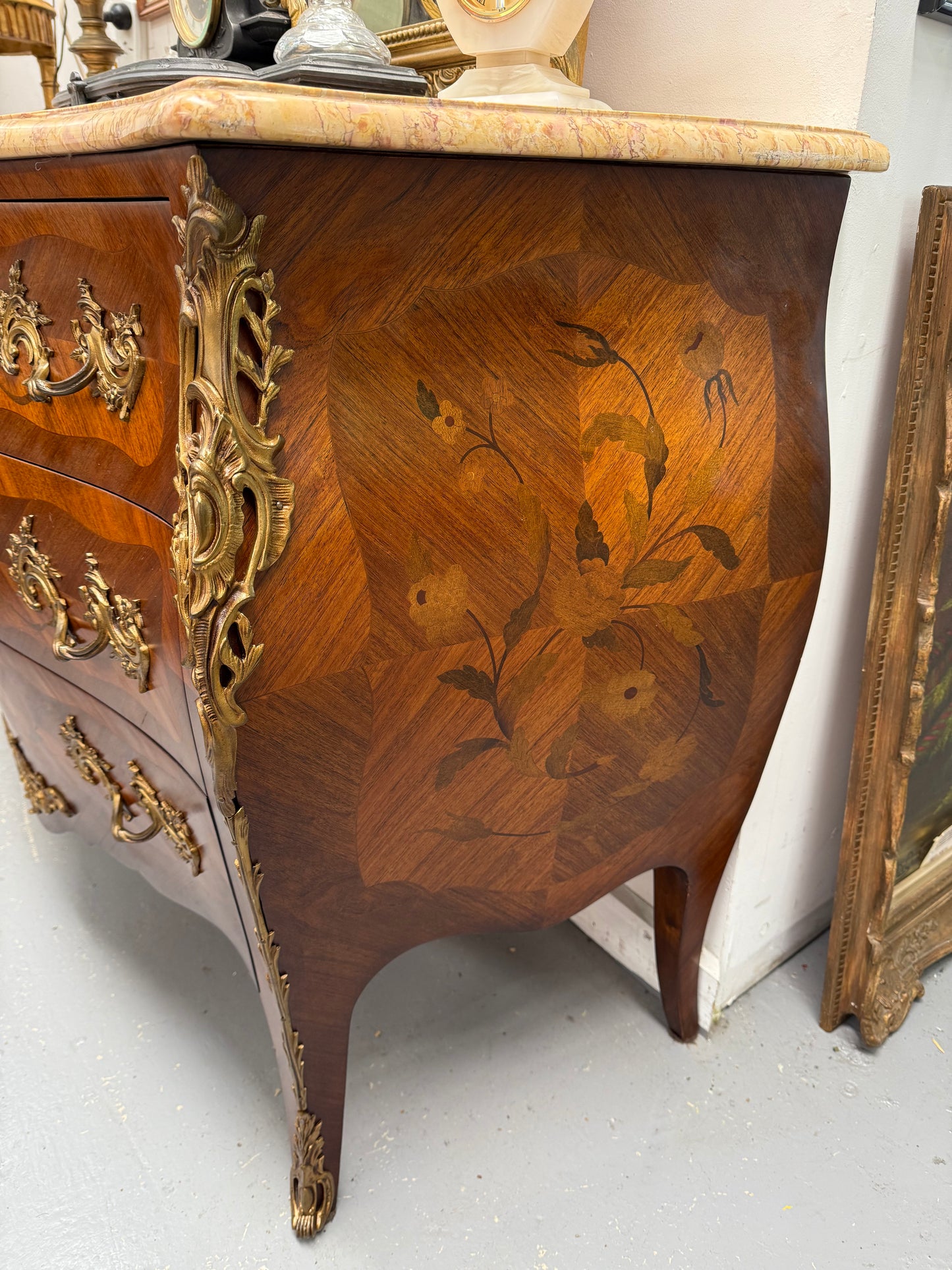 French Mid 20th Cent. Three Drawer Commode Marquetry Inlay.