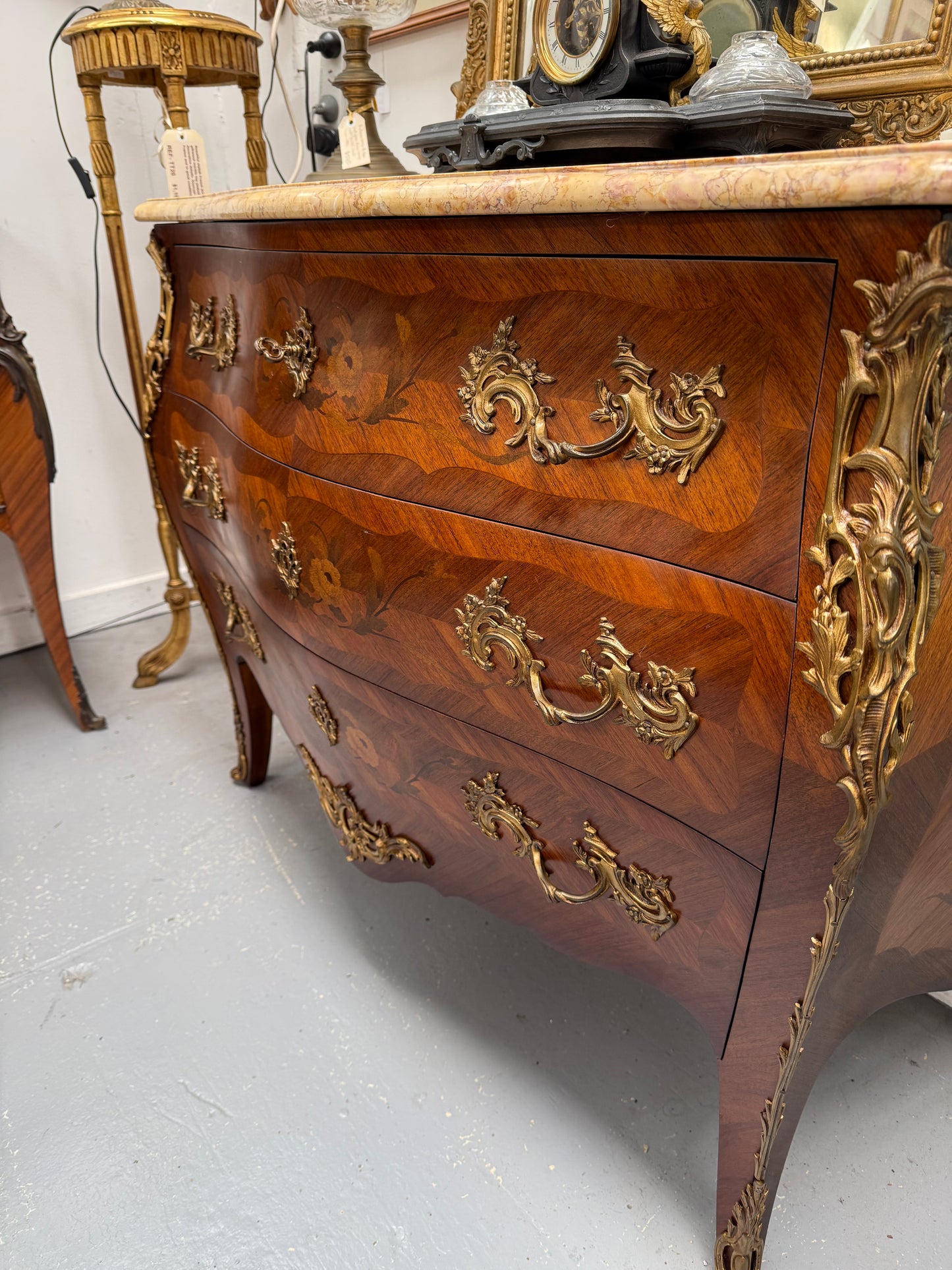 French Mid 20th Cent. Three Drawer Commode Marquetry Inlay.