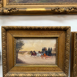 Pair Miniature Gilt Framed Coach Scenes Horses & Coach