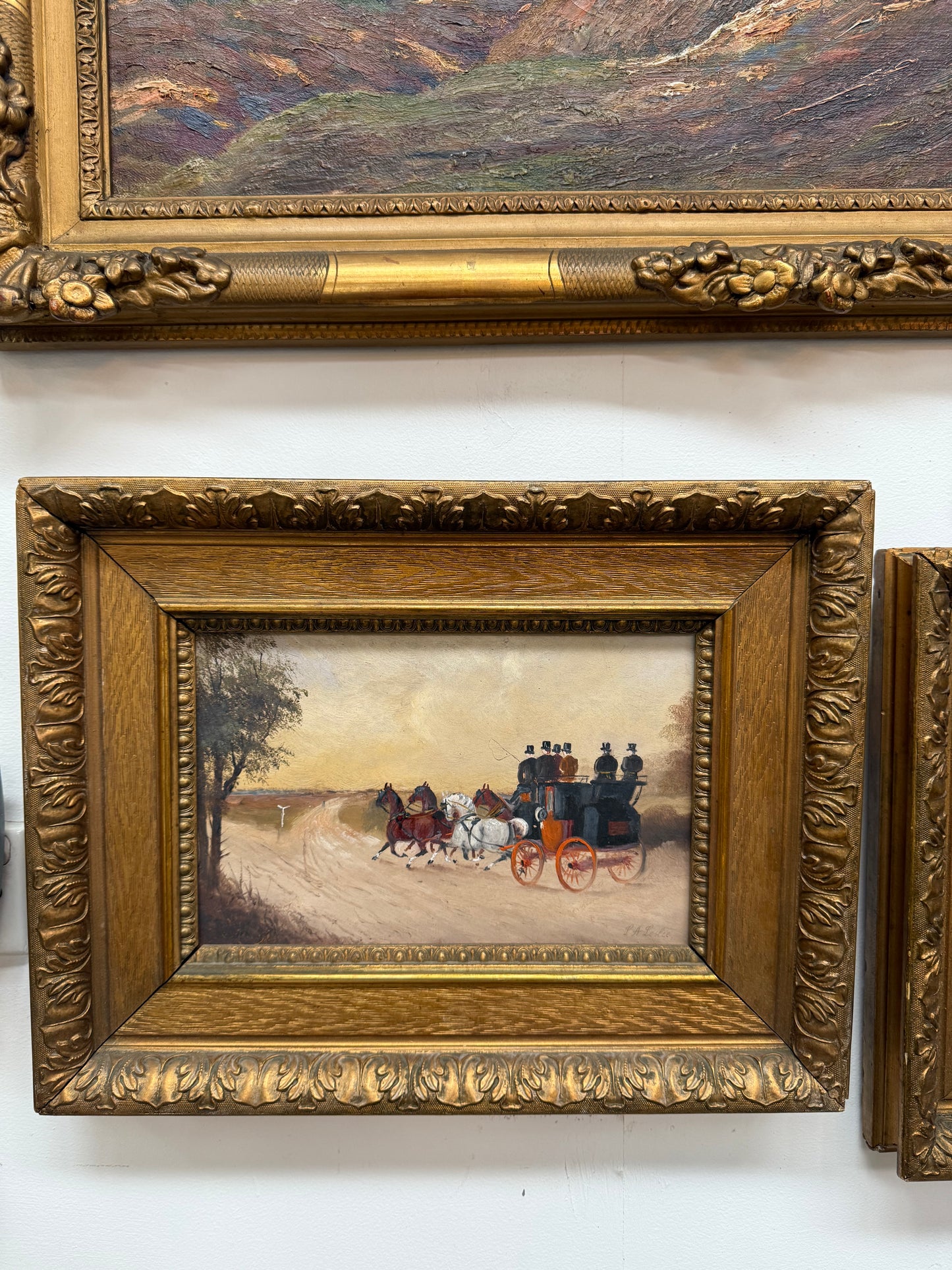 Pair Miniature Gilt Framed Coach Scenes Horses & Coach
