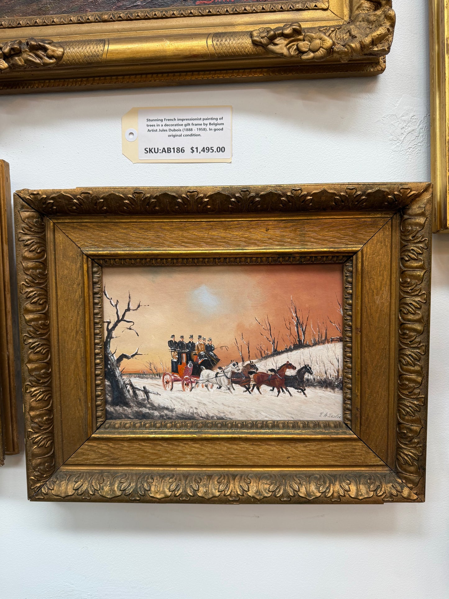 Pair Miniature Gilt Framed Coach Scenes Horses & Coach